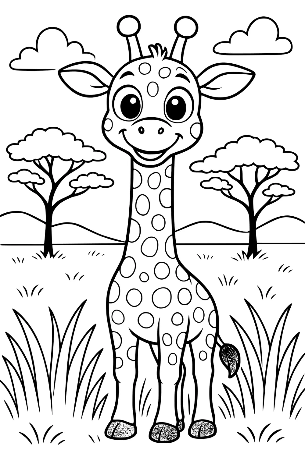 Cartoon giraffe with big eyes and spots, smiling in grassy field with trees, clouds, and hills in the background.