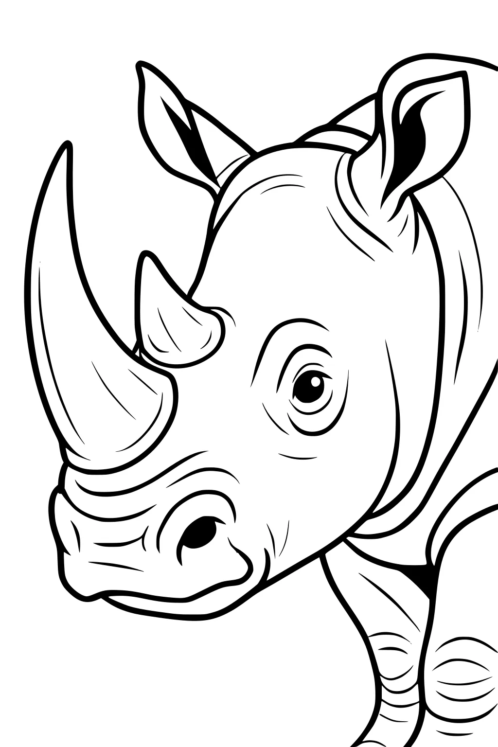 Line drawing of a rhinoceros head with two horns, large ears, and thick wrinkles. One leg and shoulder appear on the side.