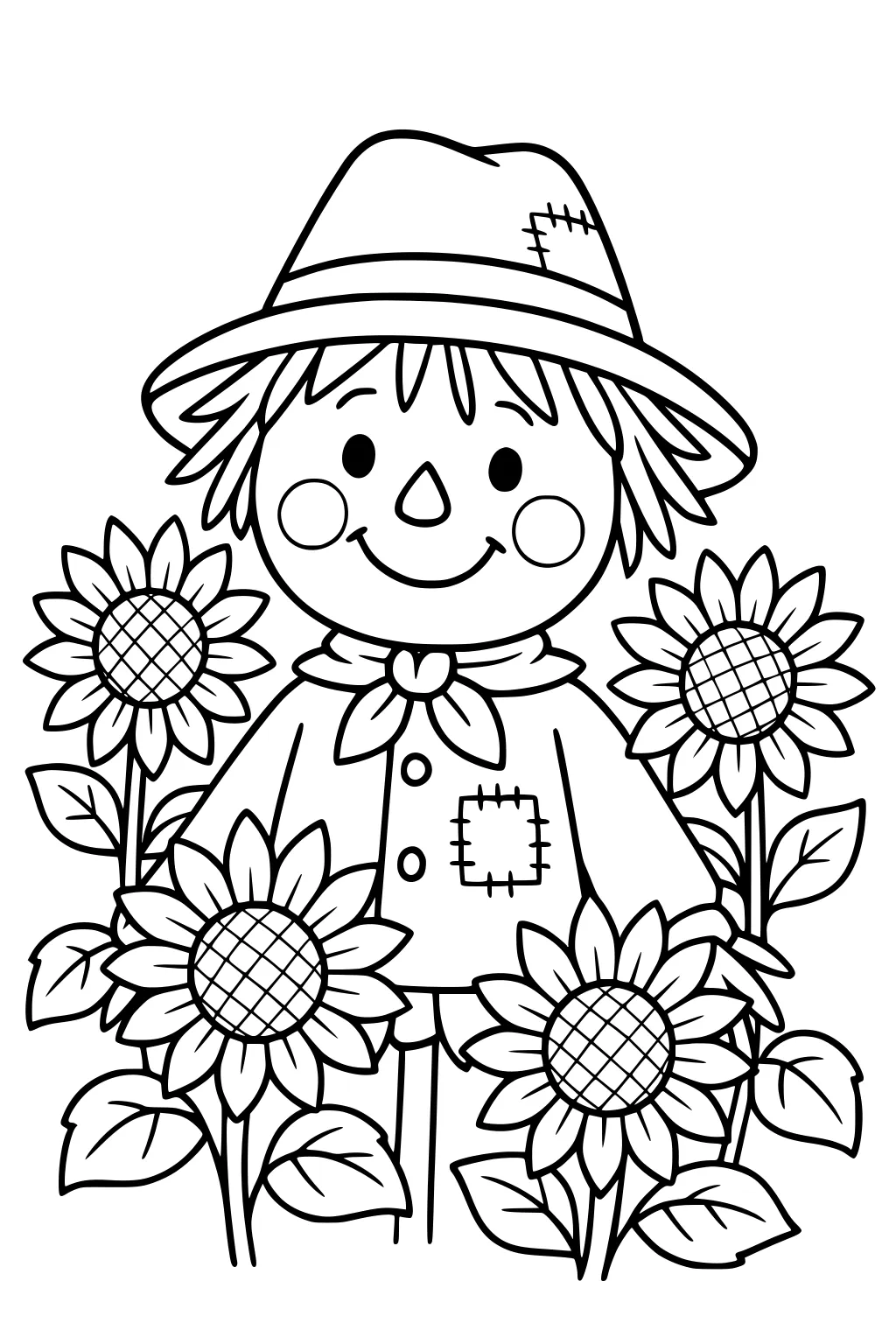 Smiling scarecrow boy in patched hat and bow among four sunflowers with grid centers and big leaves, bold outline drawing.