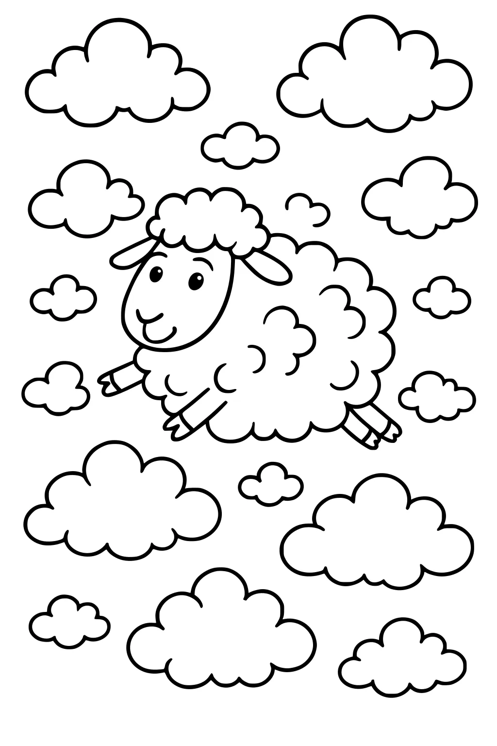 A fluffy sheep with a smiling face jumping among many cartoon clouds in the sky.