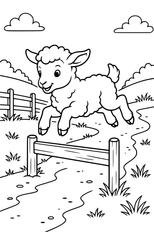 Jumping Lamb on a Country Path