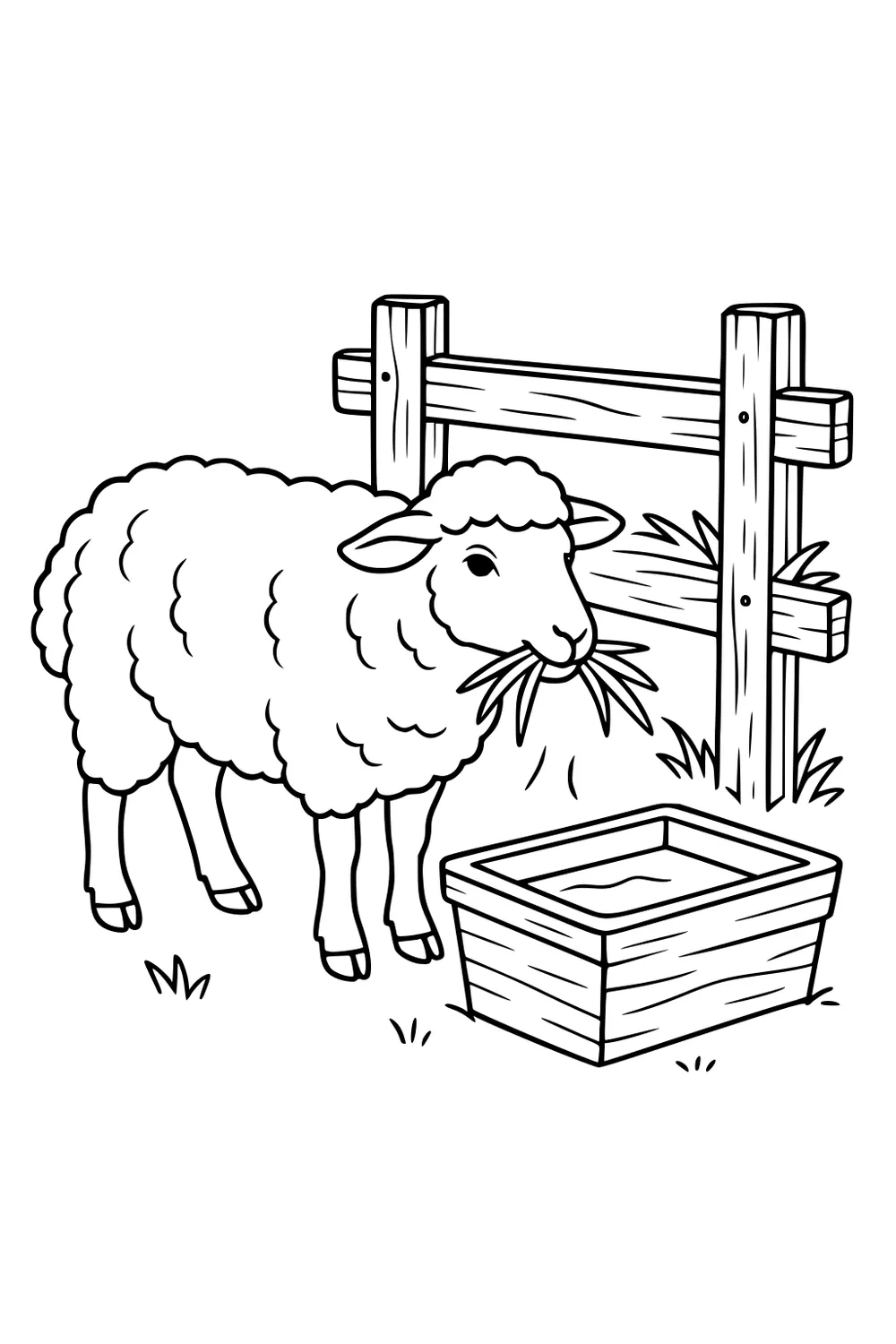 Sheep eating grass near a wooden trough beside a wooden fence with small tufts of grass on the ground.