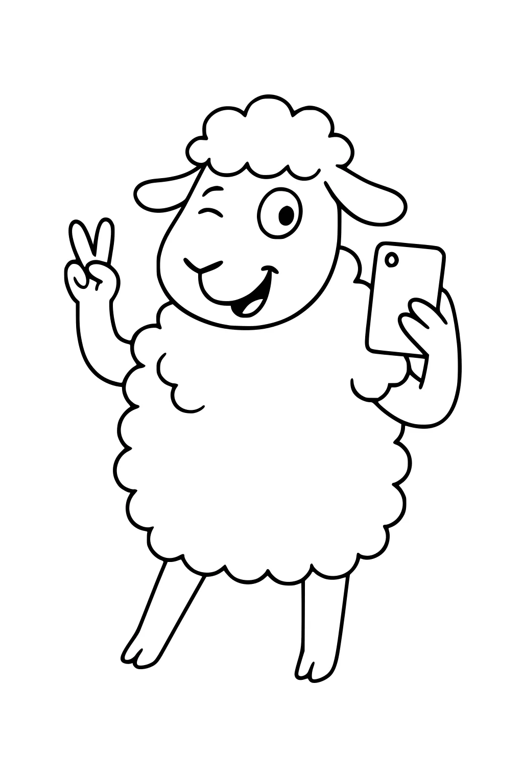 Cartoon sheep standing on two legs, winking, holding a phone, and making a peace sign with its hoof.