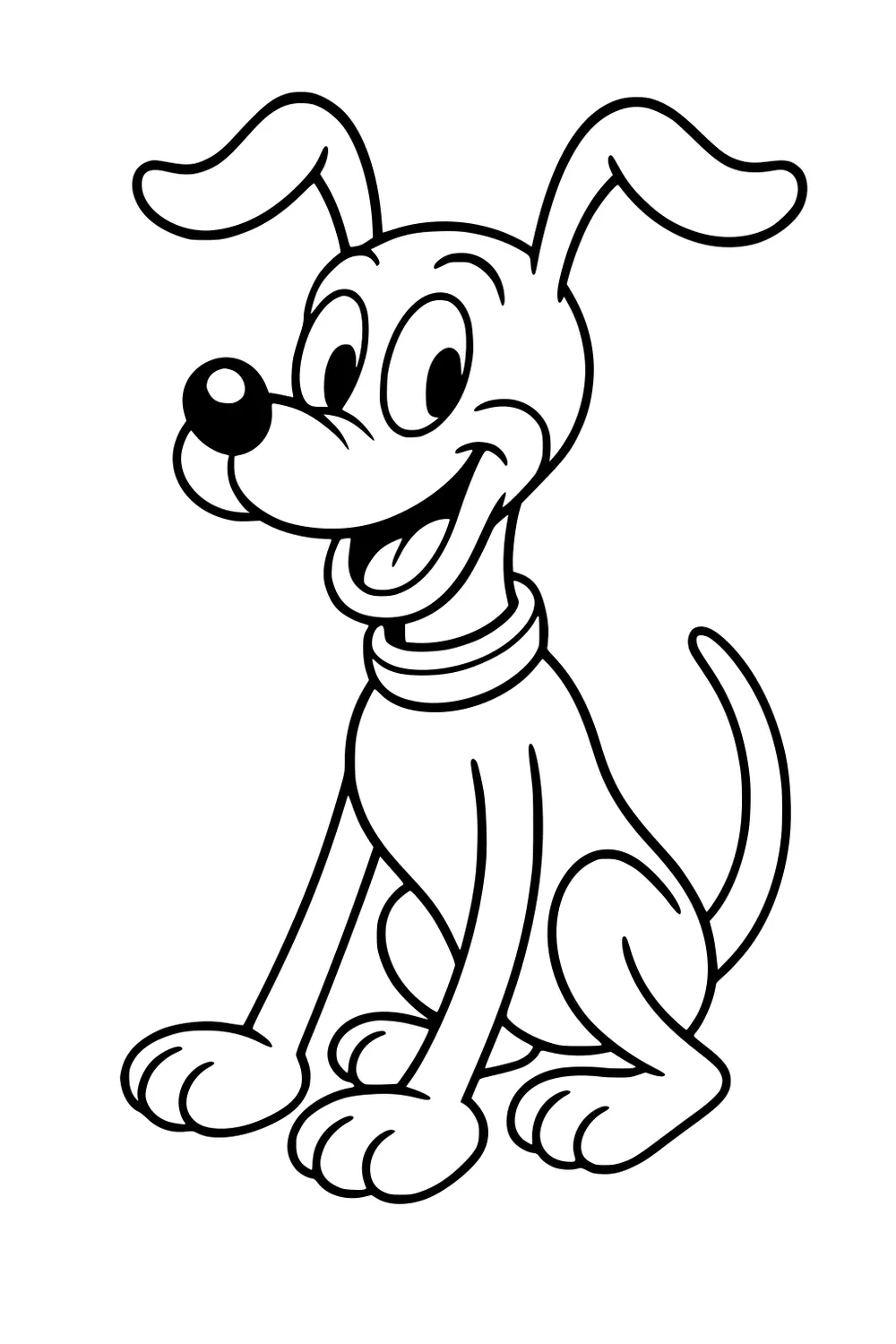 Cartoon dog sitting with floppy ears, round nose, and big smile, wearing a collar.