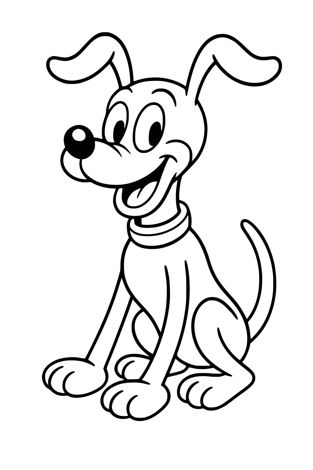 Cartoon dog sitting with floppy ears, round nose, and big smile, wearing a collar.