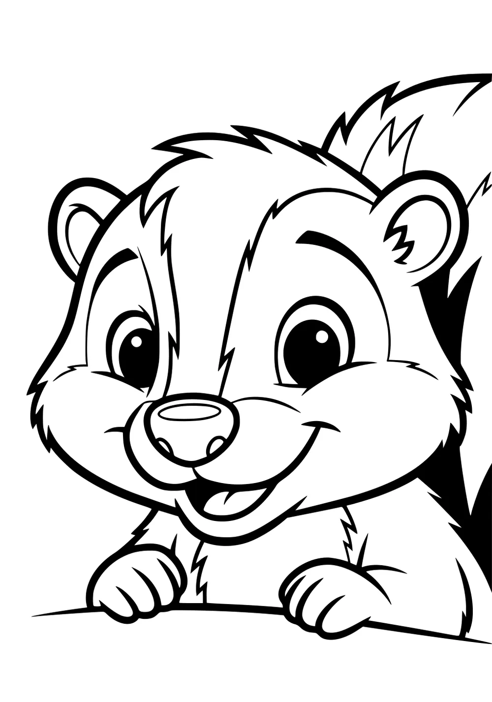 Cartoon skunk boy smiling with paws outstretched, fluffy cheeks, big eyes, and bushy tail visible behind him.