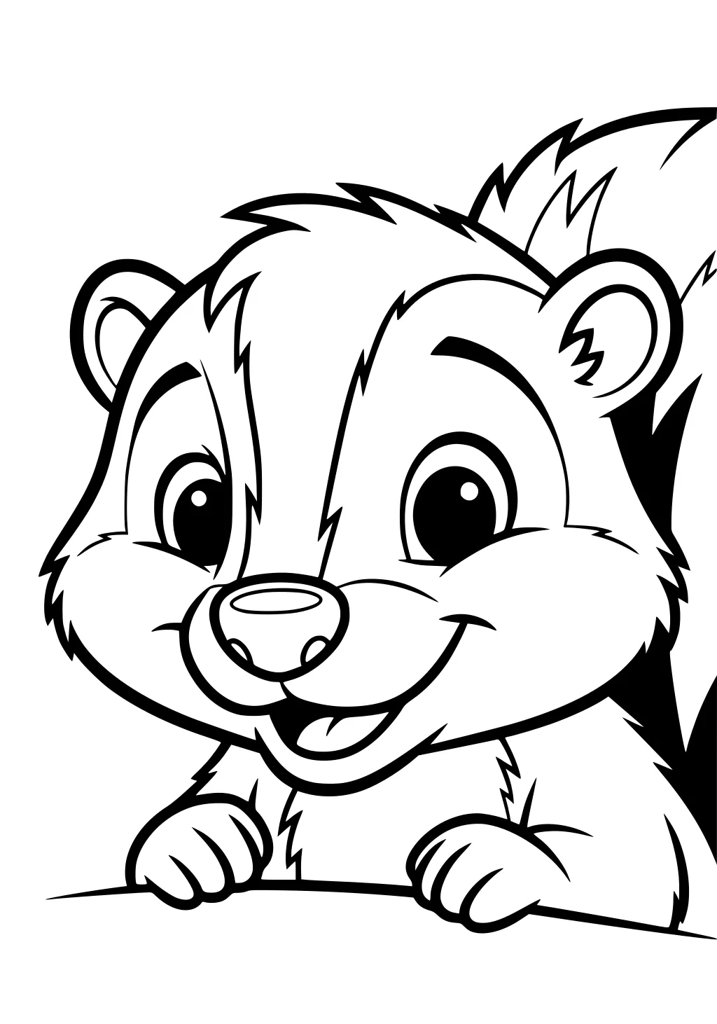 Cartoon skunk boy smiling with paws outstretched, fluffy cheeks, big eyes, and bushy tail visible behind him.
