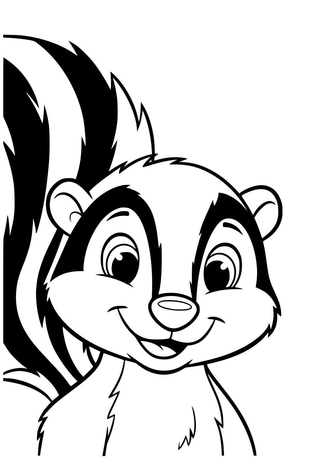 Happy cartoon skunk with big striped tail and wide smile facing forward.