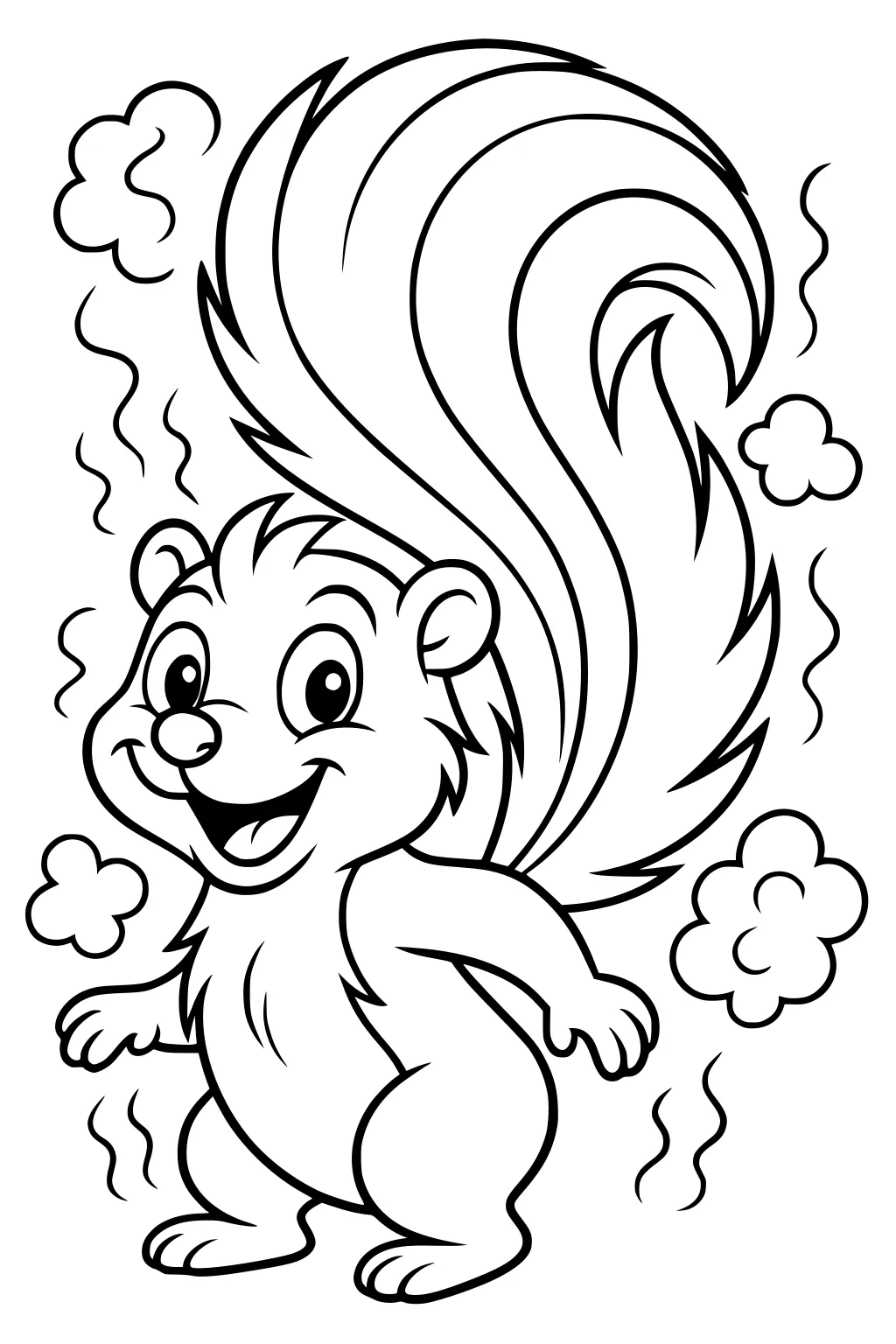 Happy cartoon skunk with big eyes, fluffy tail, and stink clouds curling around him, standing upright and smiling.