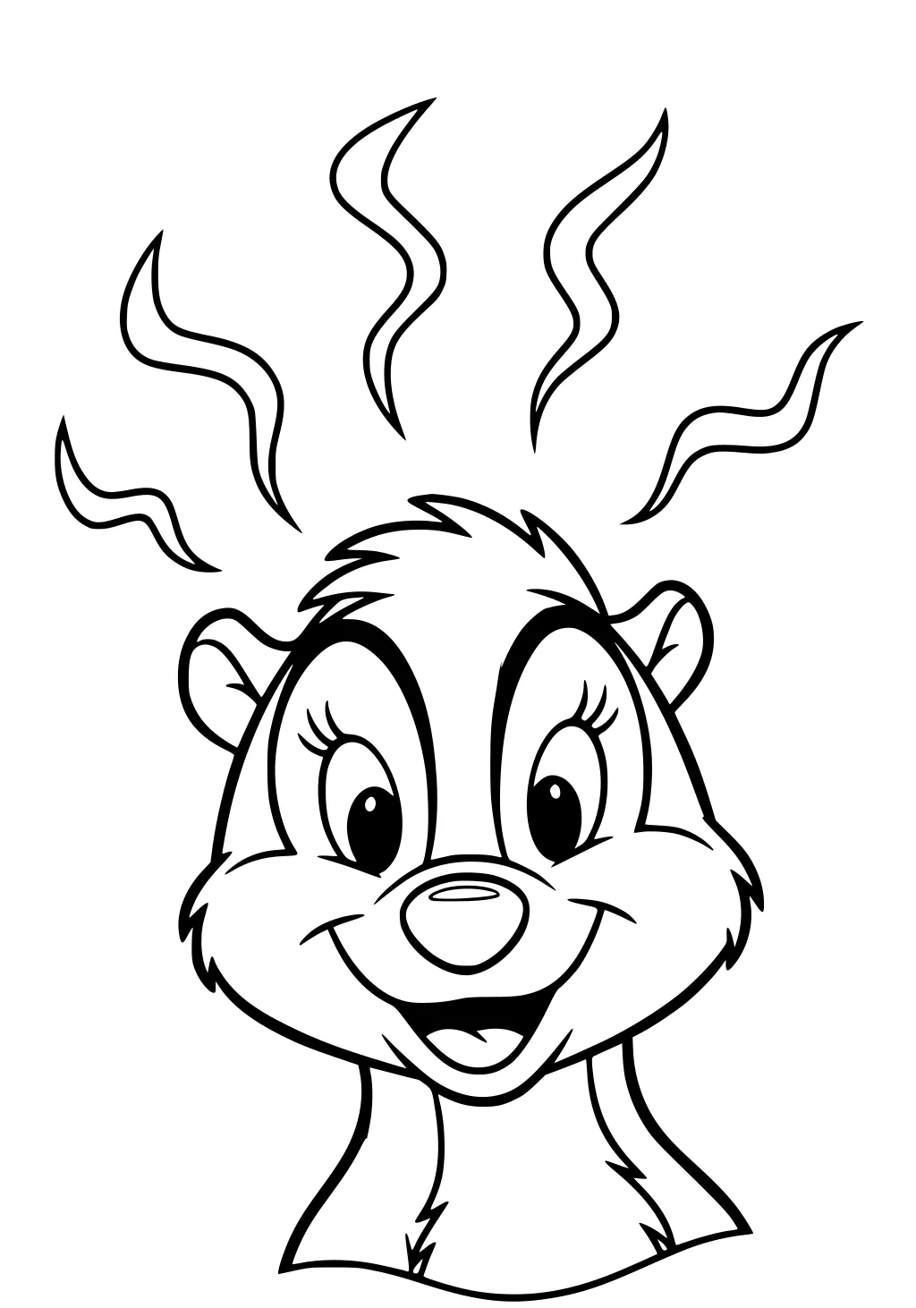 Cartoon skunk face with wide eyes, smiling mouth, and wavy smell lines rising above its head.