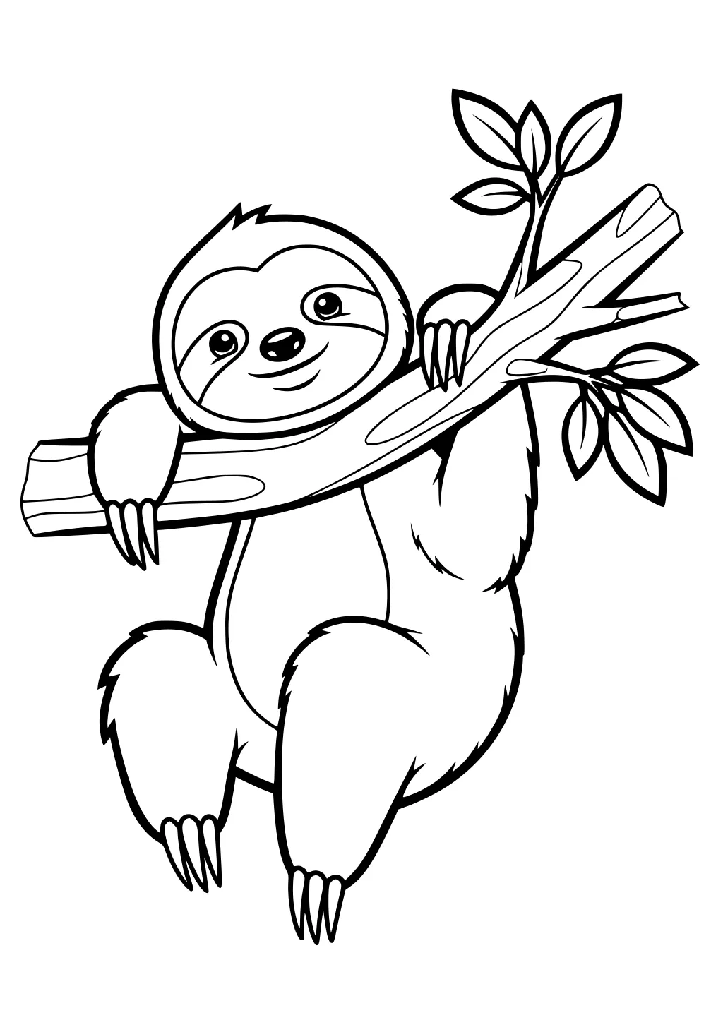 Smiling sloth hanging from a tree branch and holding on with all four limbs, surrounded by leafy stems.