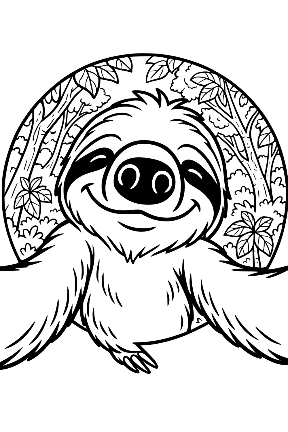 Happy sloth with outstretched arms, big nose, and furry details framed by a circular rainforest scene with leafy trees.