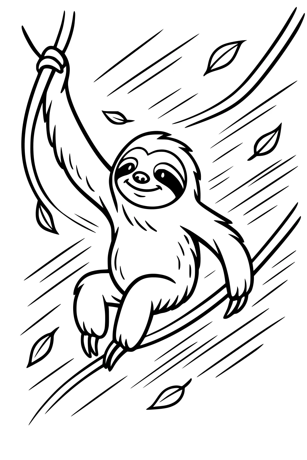 Cartoon sloth hanging from a vine with swirling leaves and wind lines around him.