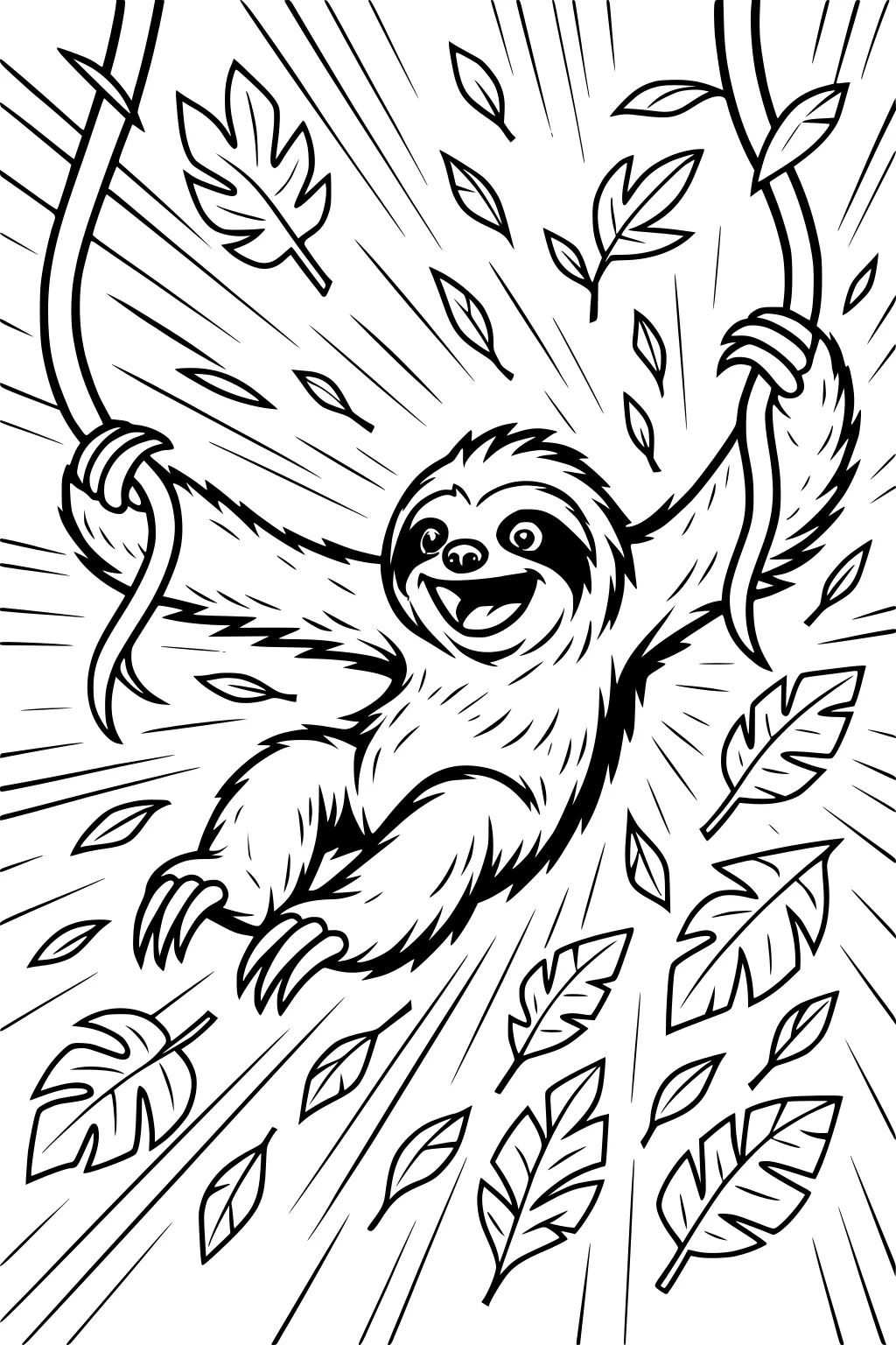 A cheerful sloth swings from two vines as leaves swirl around him. The background has motion lines and scattered leaves.