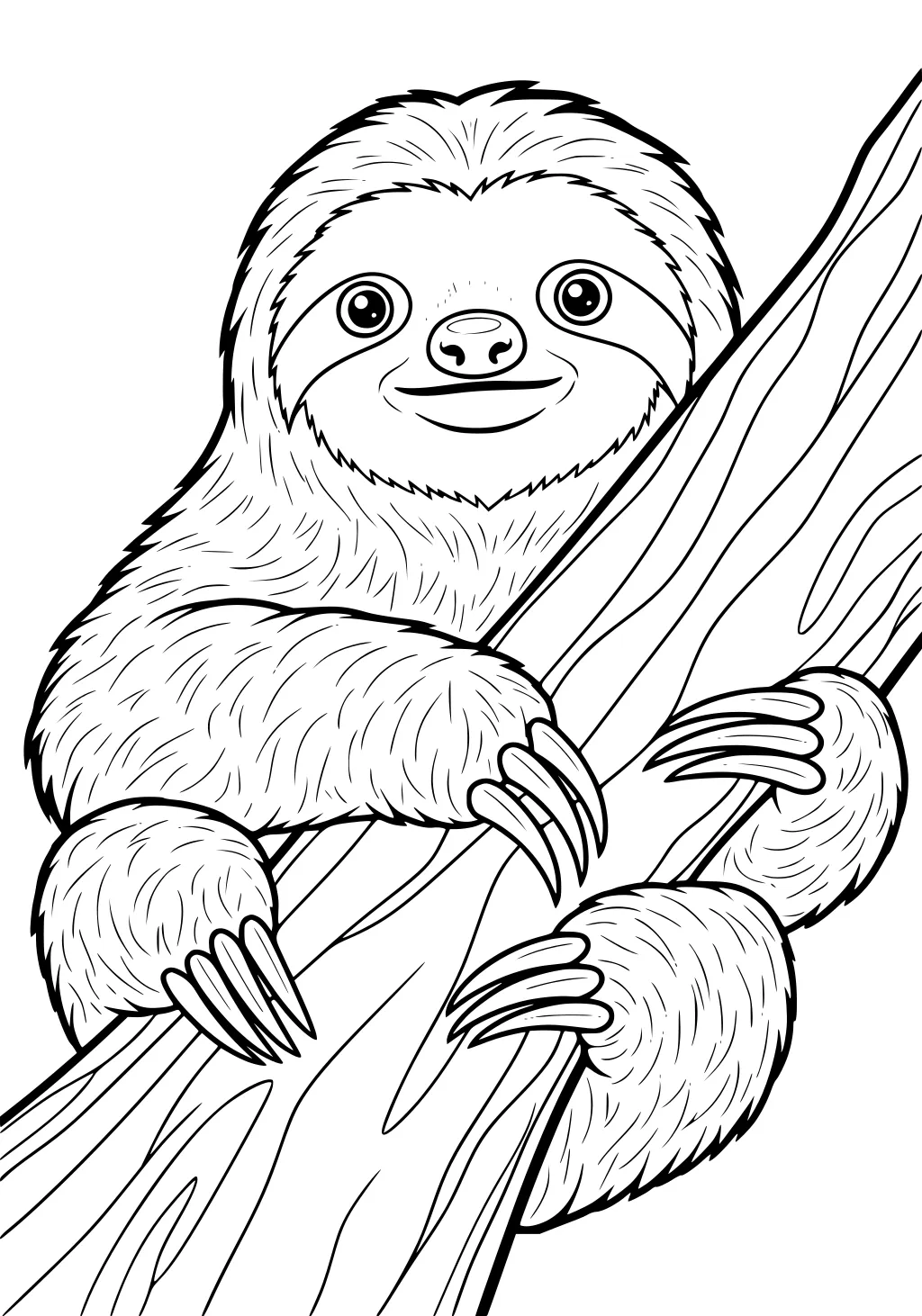 Fluffy smiling sloth clings to a tree branch with long claws and wide eyes, fur detailed with curve lines.