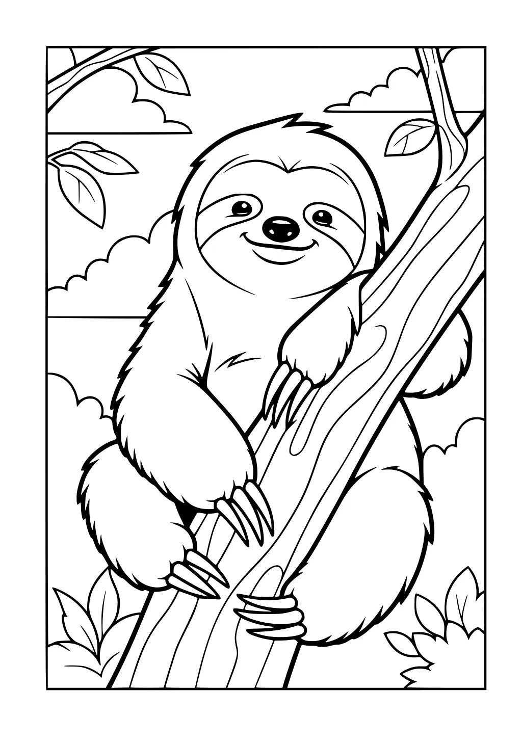 Smiling sloth hanging on a tree trunk with bushy leaves and clouds in the background.