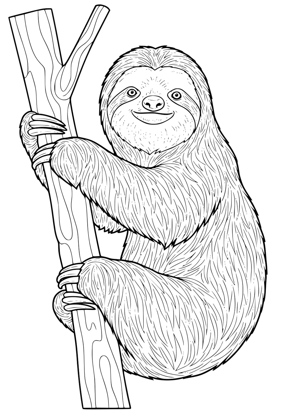Cartoon sloth with shaggy fur smiling and hugging a tree branch with all four limbs.