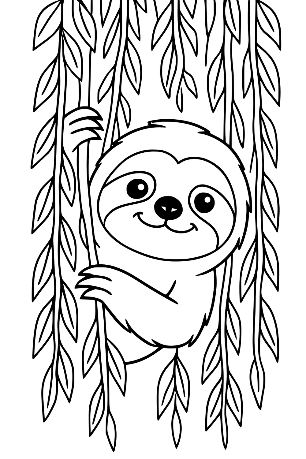 Smiling sloth hanging from leafy vines with large eyes and rounded face, surrounded by long branches with leaves.