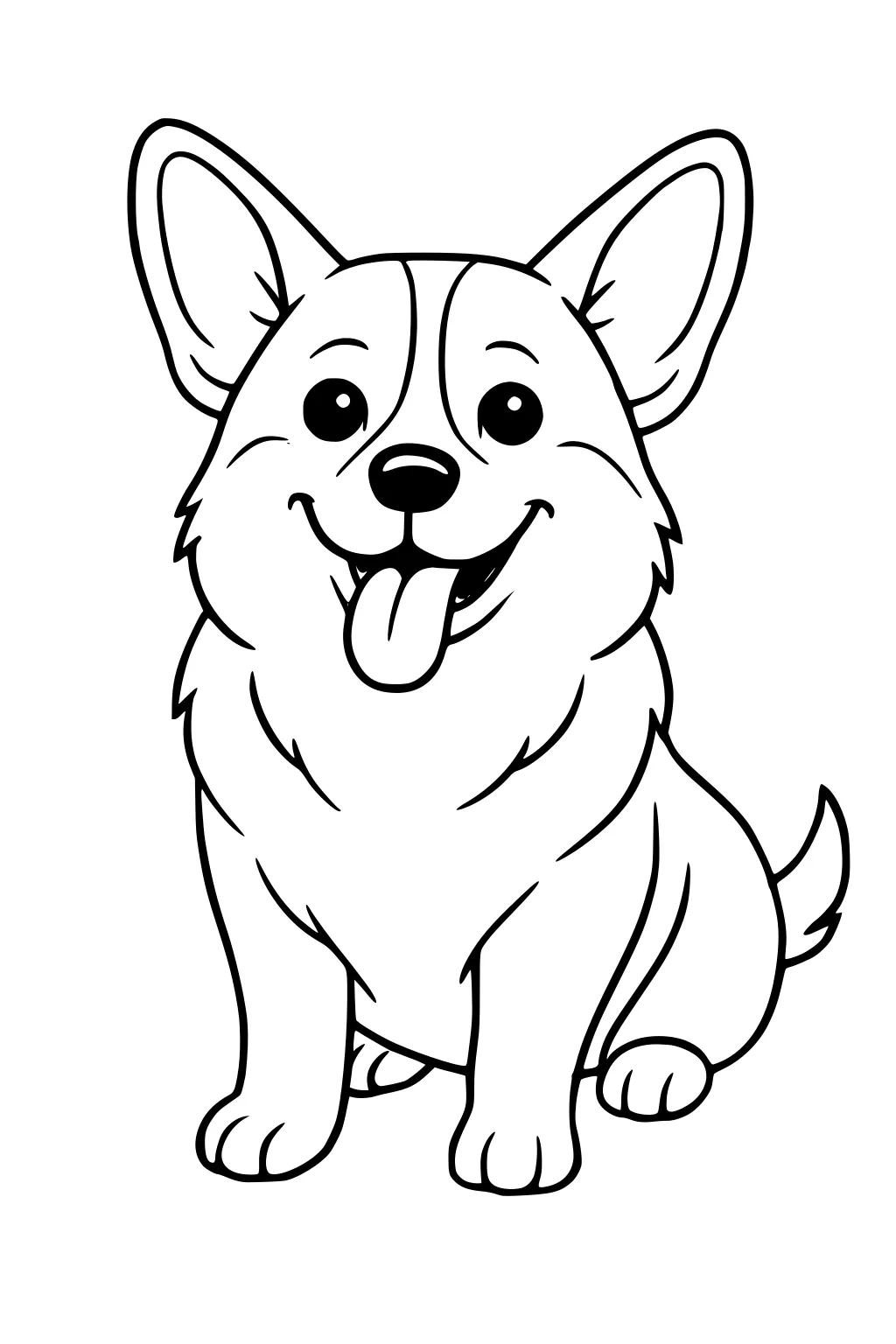 Dog with pointy ears and fluffy fur sits facing forward, mouth open with tongue out, paws showing in front.