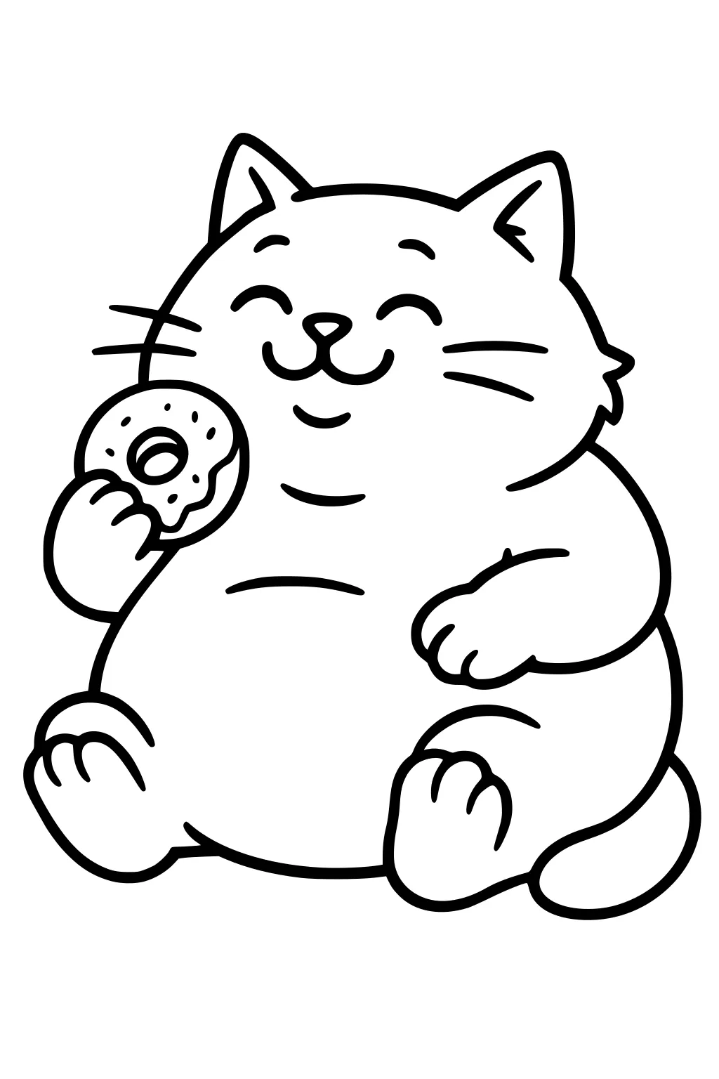 Smiling round cat holding a sprinkled donut, sitting with eyes closed and paws resting.
