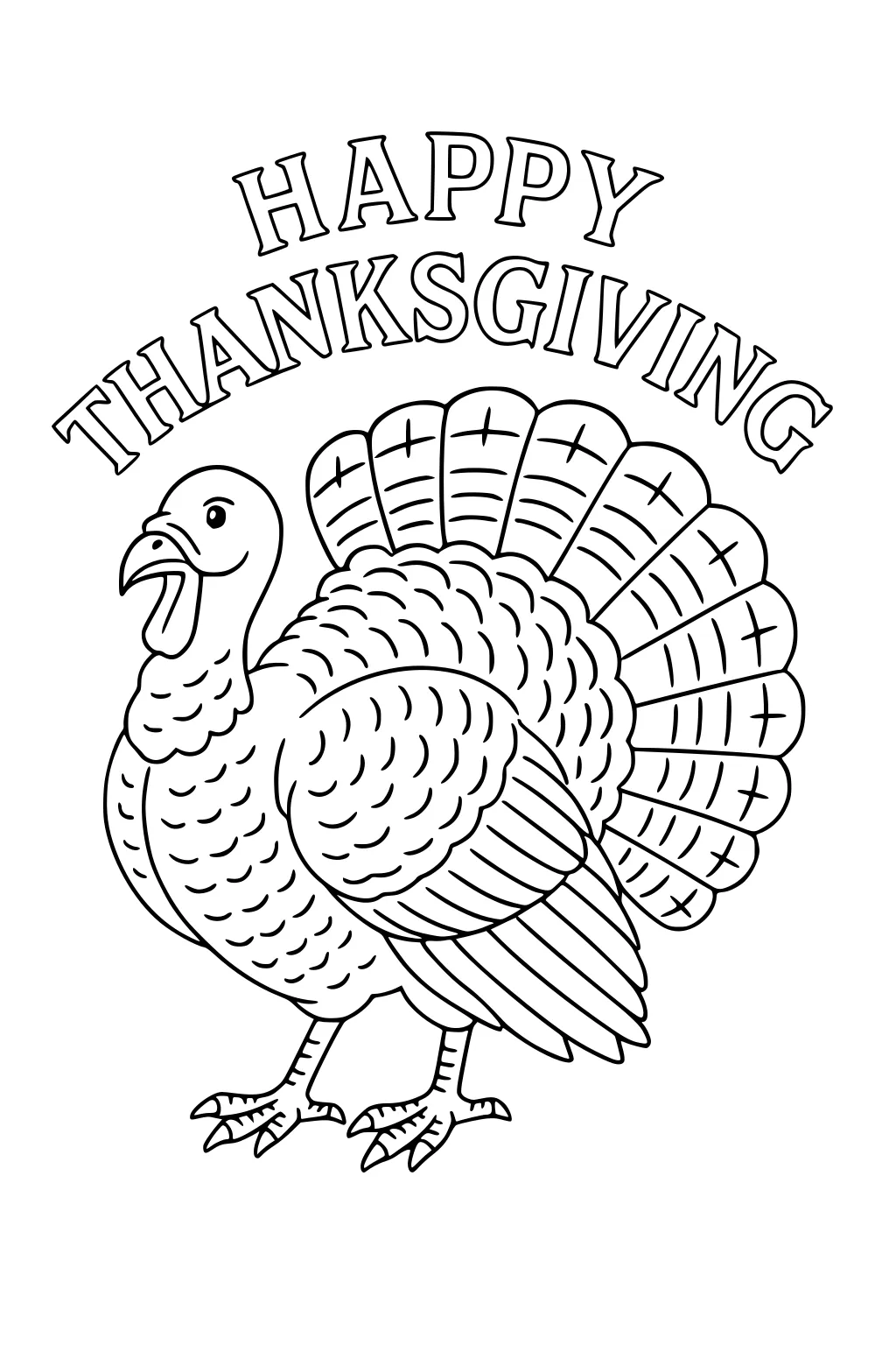 Cartoon turkey with large fan tail under HAPPY THANKSGIVING text, open beak, detailed feathers, standing on two feet.