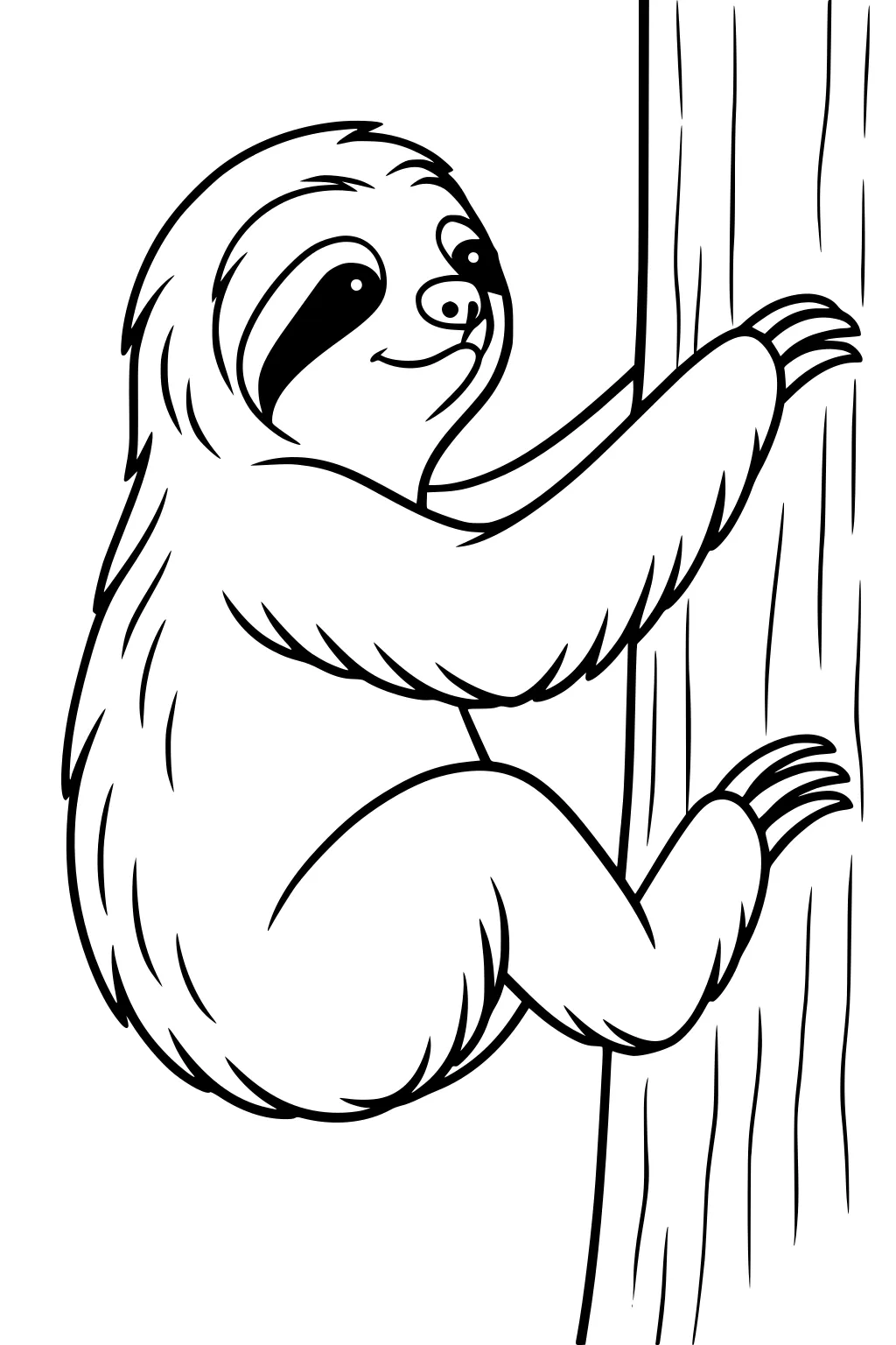 A furry sloth clings to a tall tree trunk, smiling with round eyes and big claws wrapped around the bark.