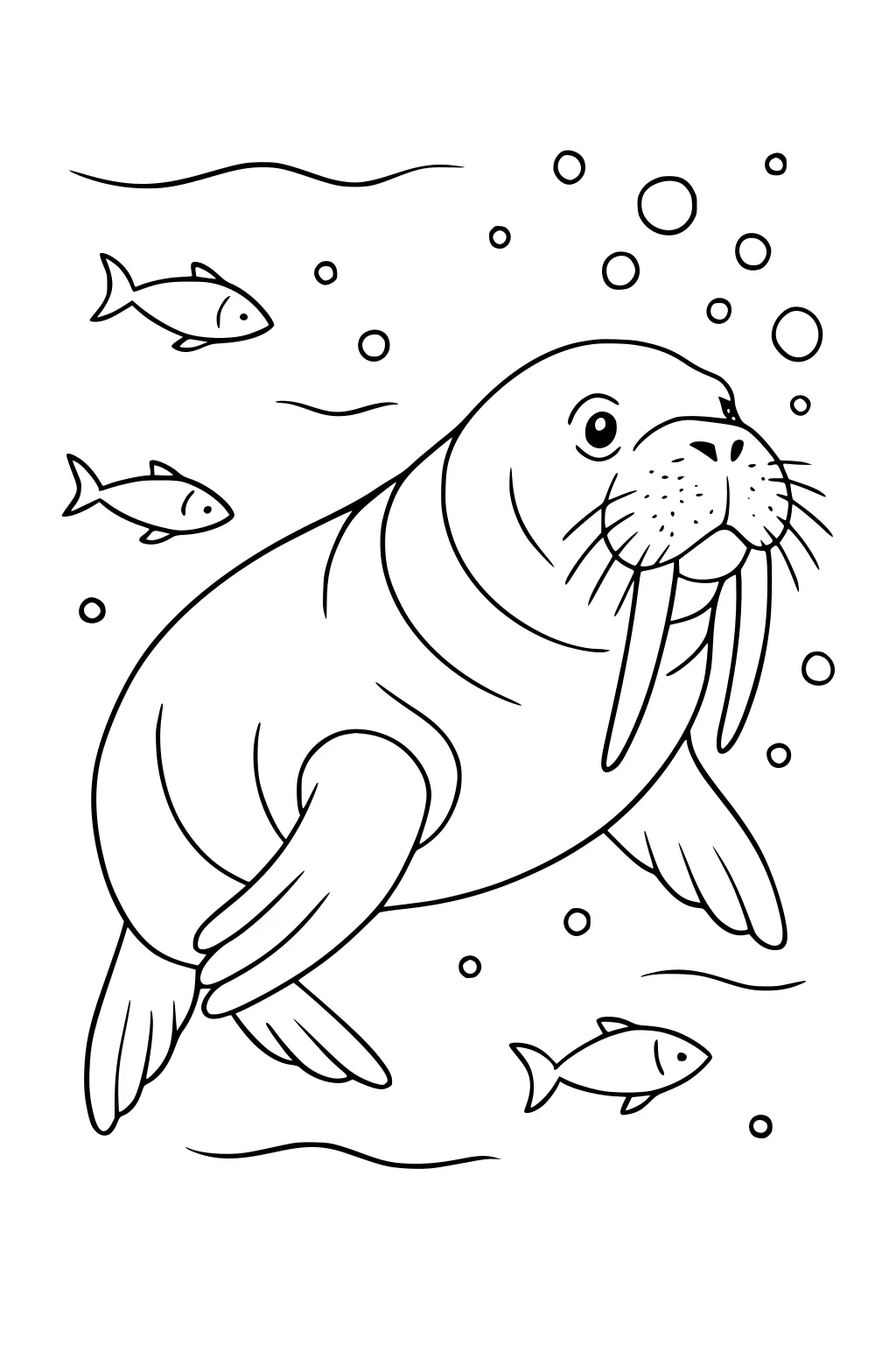 Walrus with long tusks swimming underwater, surrounded by bubbles and three fish.