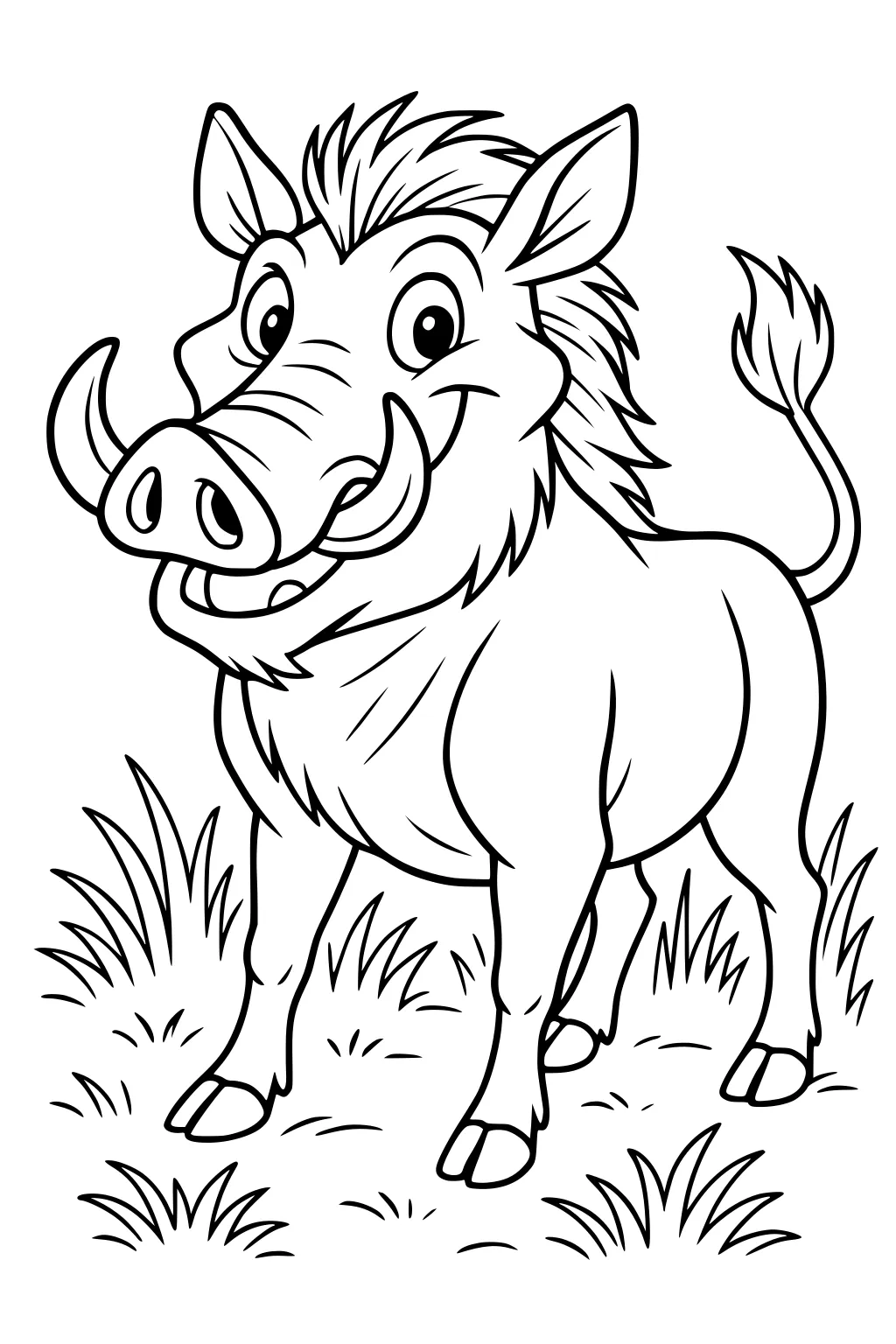Cartoon warthog with big tusks and mane standing in grass, smiling widely.