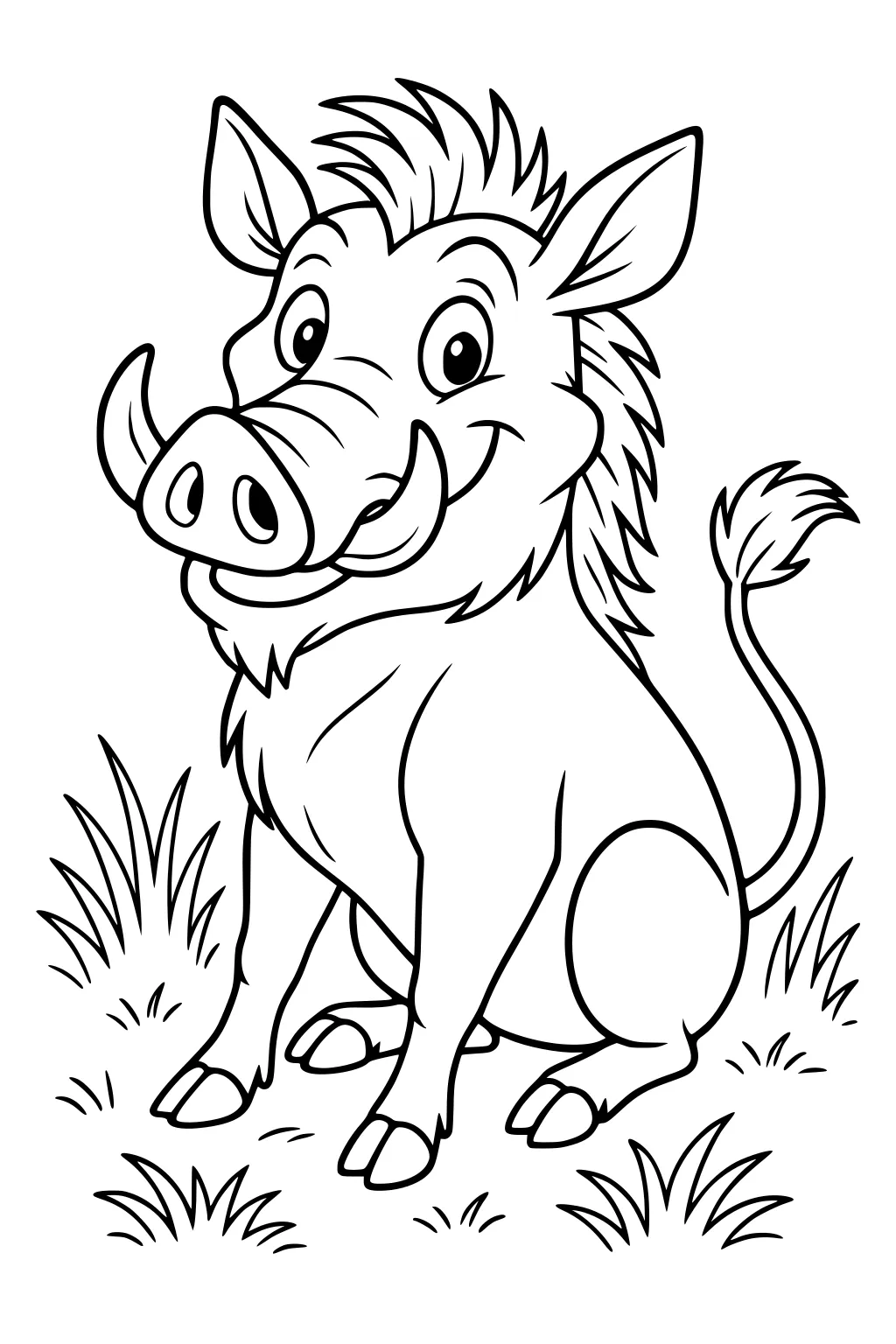 Cartoon warthog with large tusks sitting in grass, smiling, with spiky mane and upright ears.