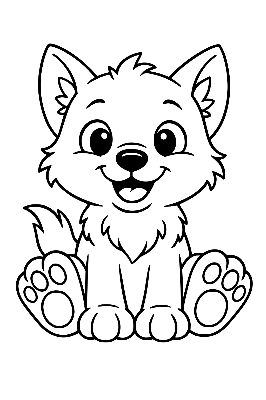 Cartoon wolf pup sitting front view with big ears, round eyes, fluffy fur, open smile, and large paw pads in bold line art.