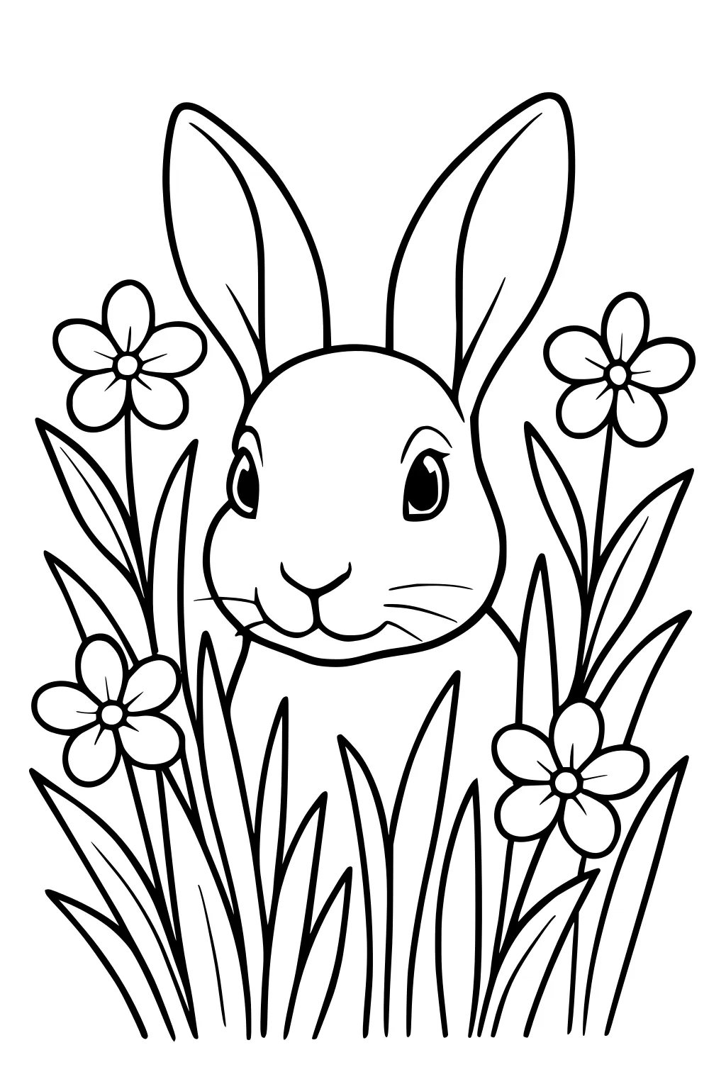 Hare with big ears in grass surrounded by three simple flowers.