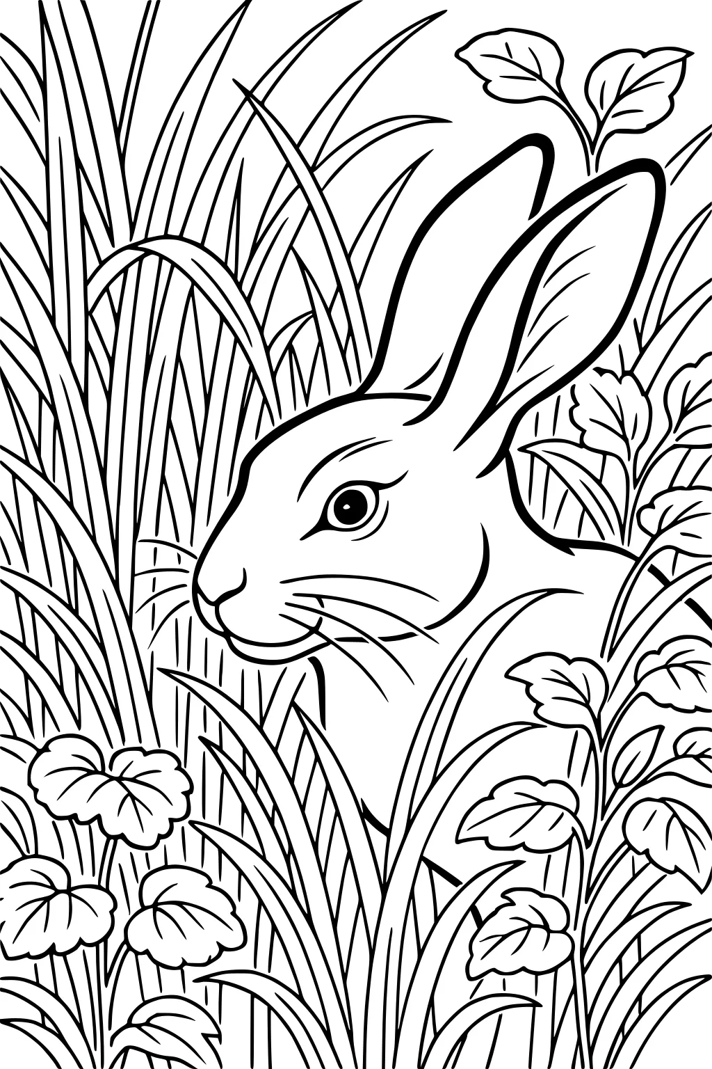 Hare with upright ears hidden among tall grass and leafy plants in a garden scene.