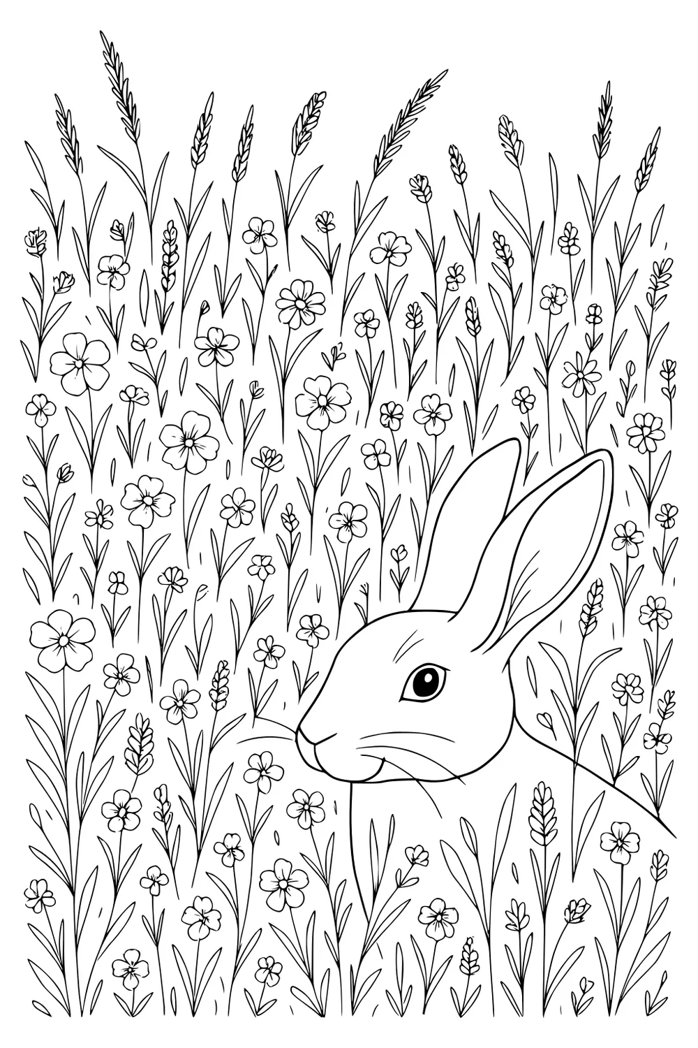 Line drawing of a hare’s head and tall ears surrounded by wildflowers and long grass stems.