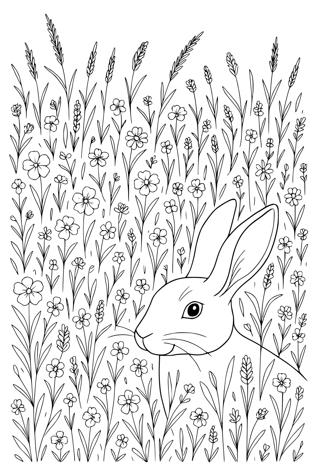 Line drawing of a hare’s head and tall ears surrounded by wildflowers and long grass stems.