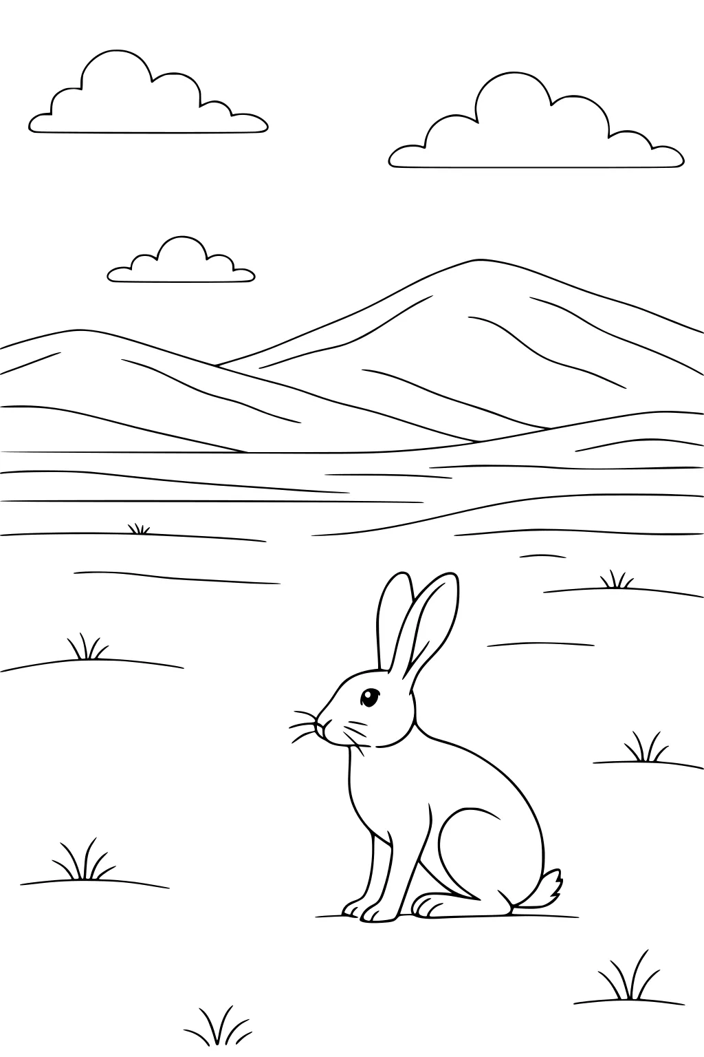 Sitting hare in grass with hills and clouds in the background outlined for coloring