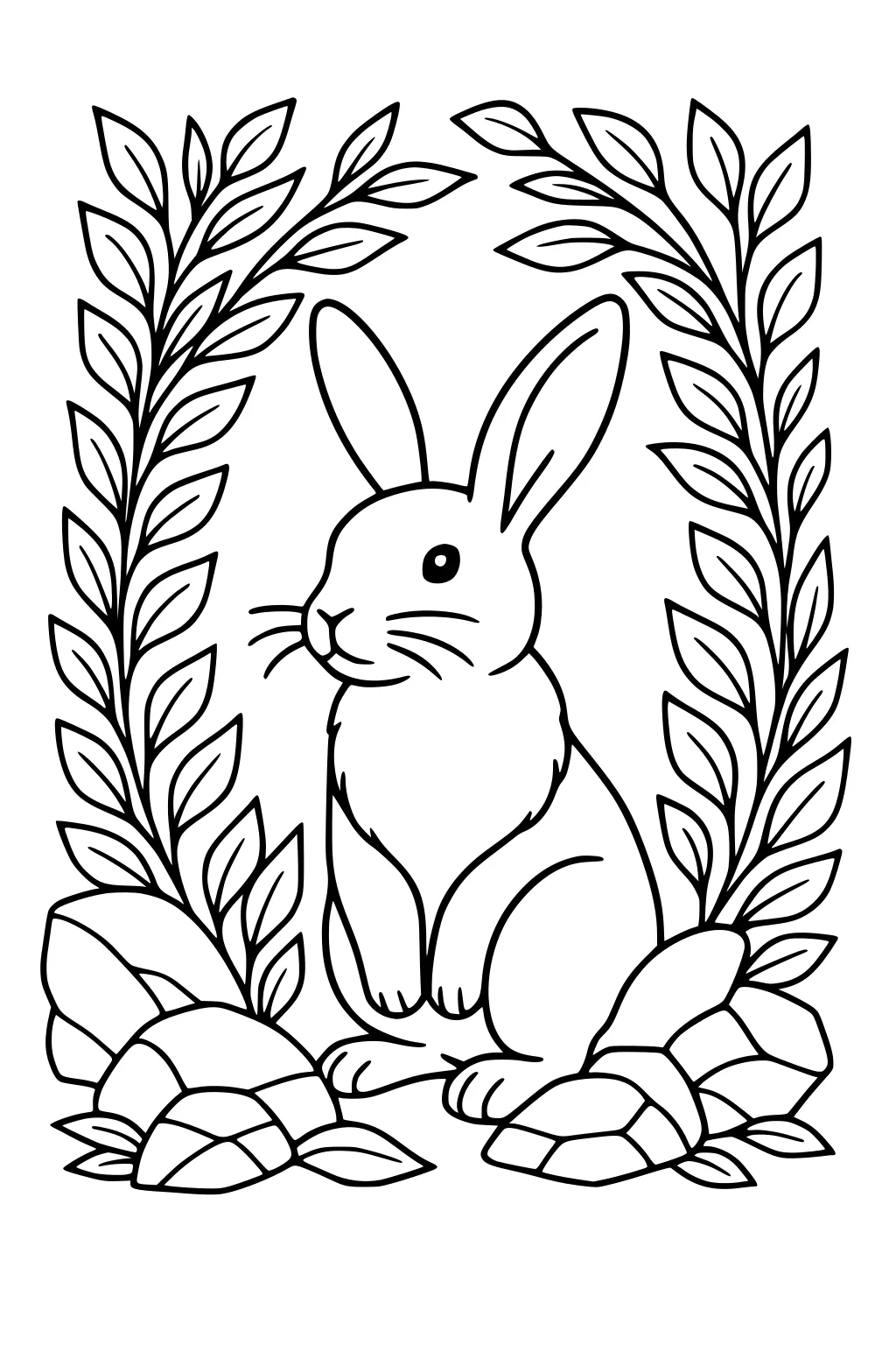 Hare sitting upright between leafy branches and rocks, outlined in black and white with simple details.