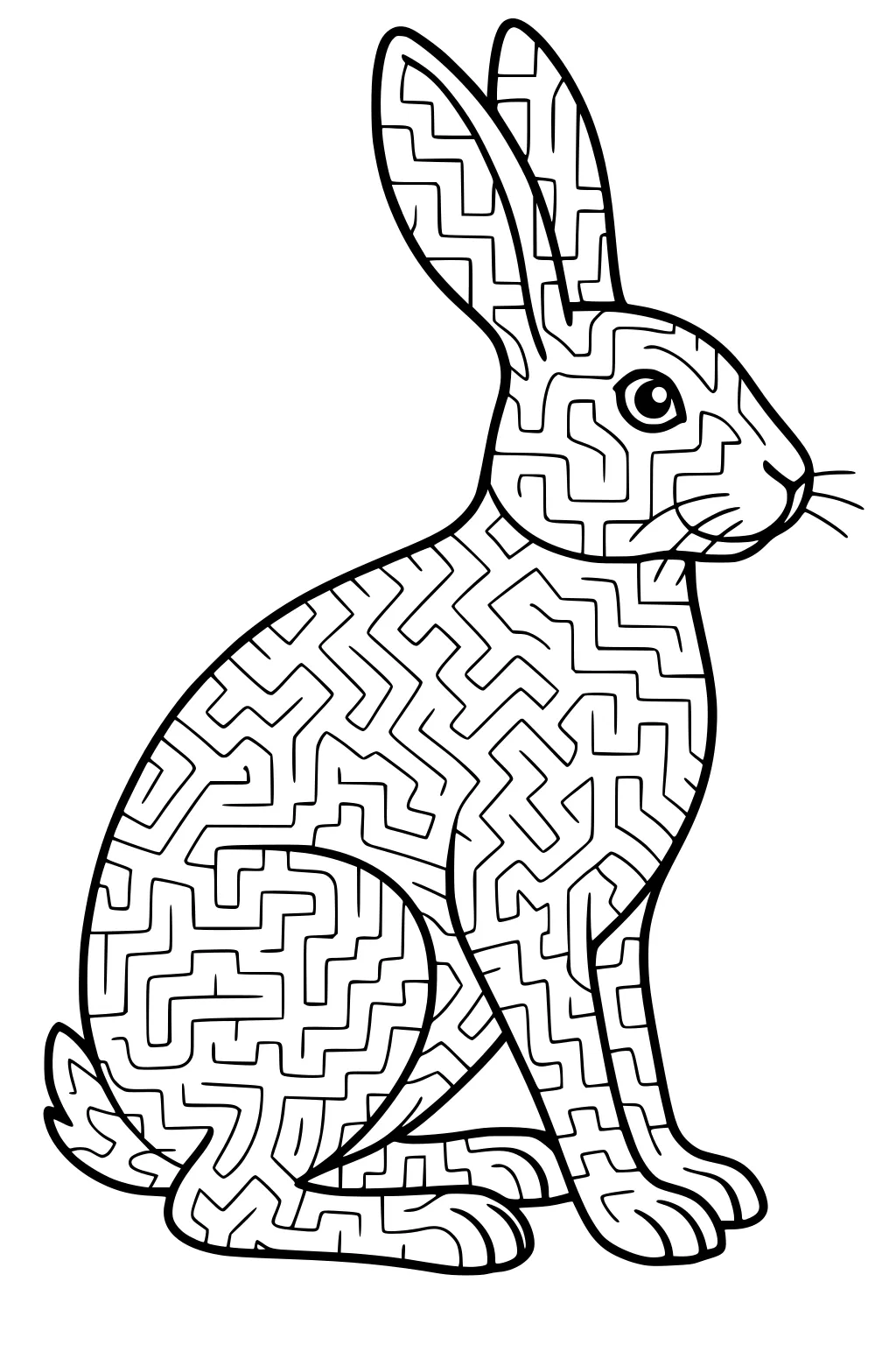 A hare sits upright with a maze pattern covering its body and long ears.
