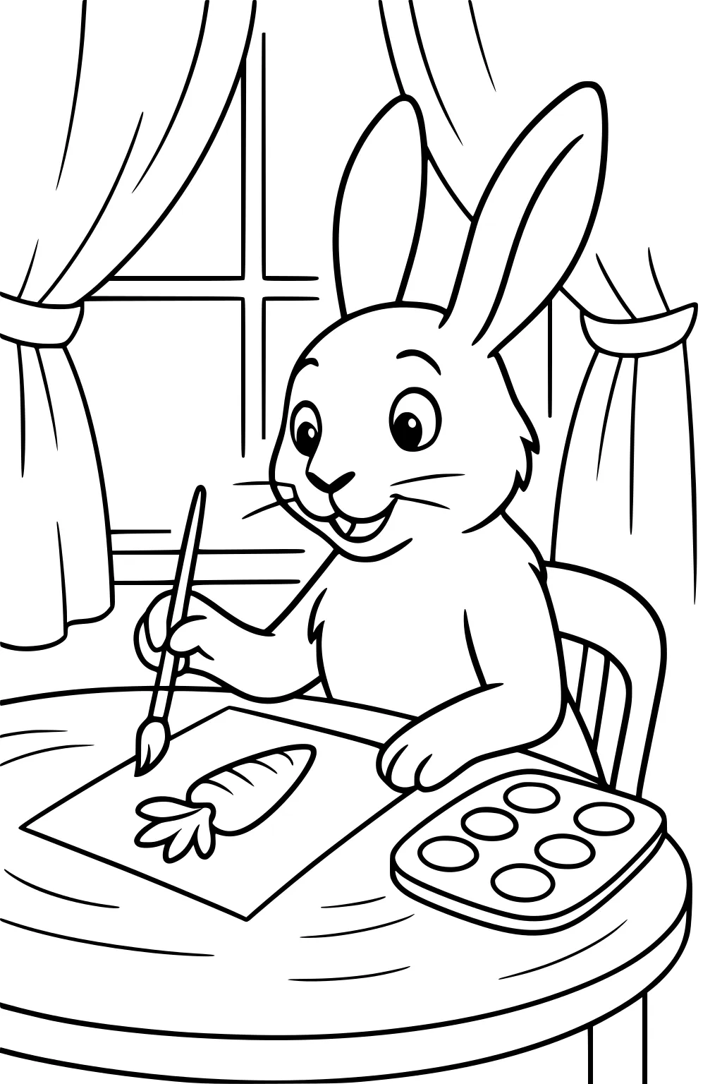 Hare sits at a table, painting a picture of a carrot with watercolors. Paint set and window with curtains in background.