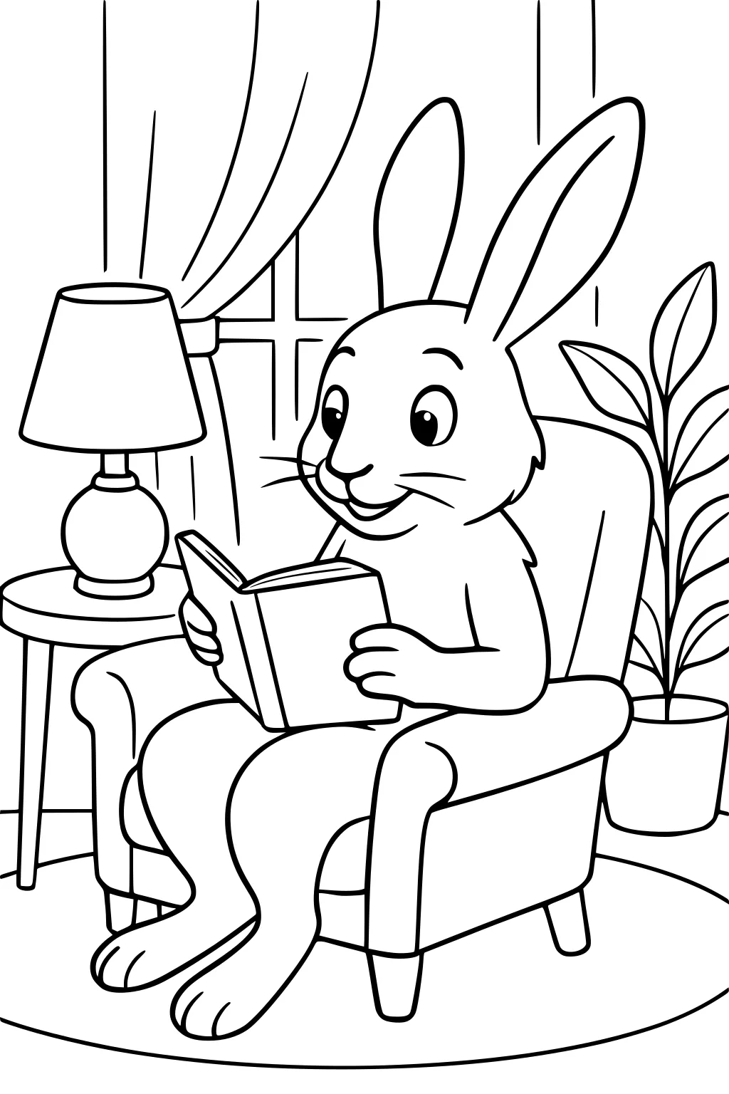 Hare reading a book in an armchair by a table lamp, curtains, window, rug, and houseplant.