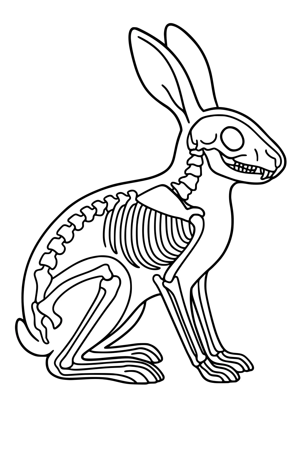 Side view of a hare with visible skeleton, including skull, ribs, spine, and legs, outlined in black.