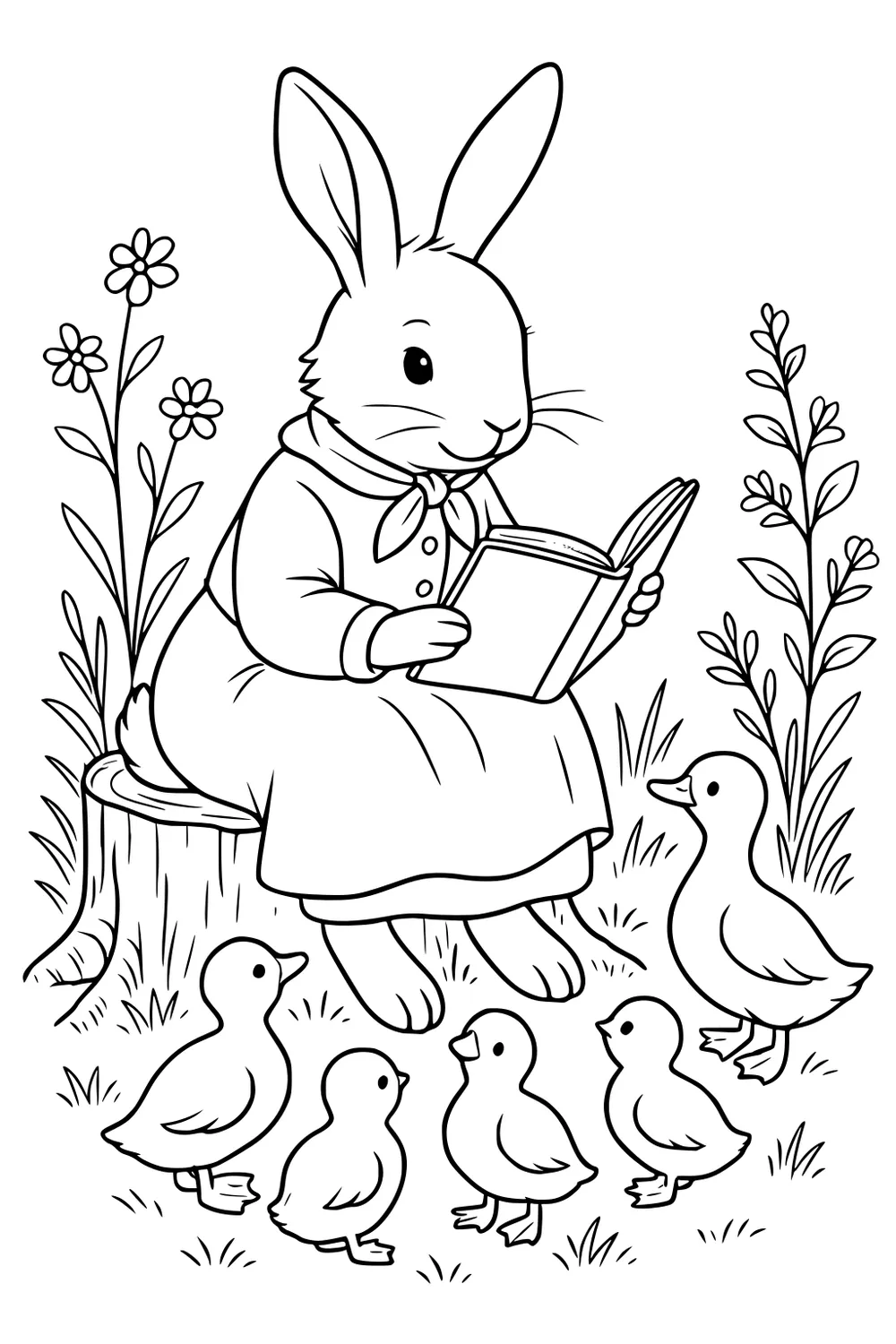 Hare in a dress reads a book to five ducklings while sitting on a stump with flowers and grass around them.