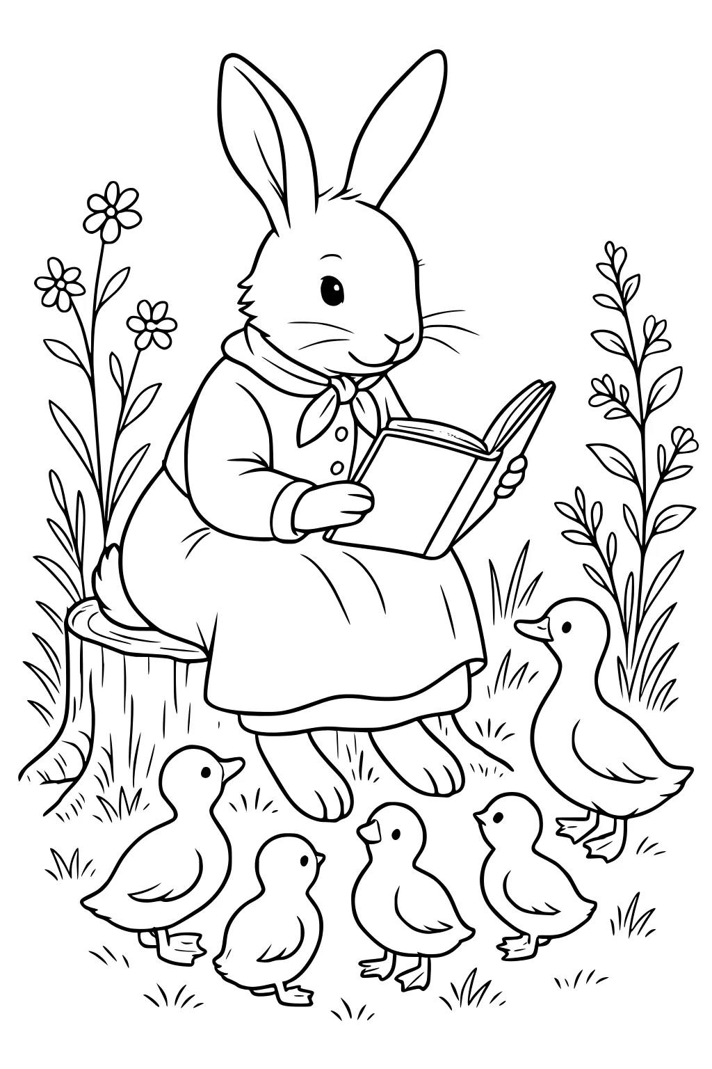 Hare in a dress reads a book to five ducklings while sitting on a stump with flowers and grass around them.