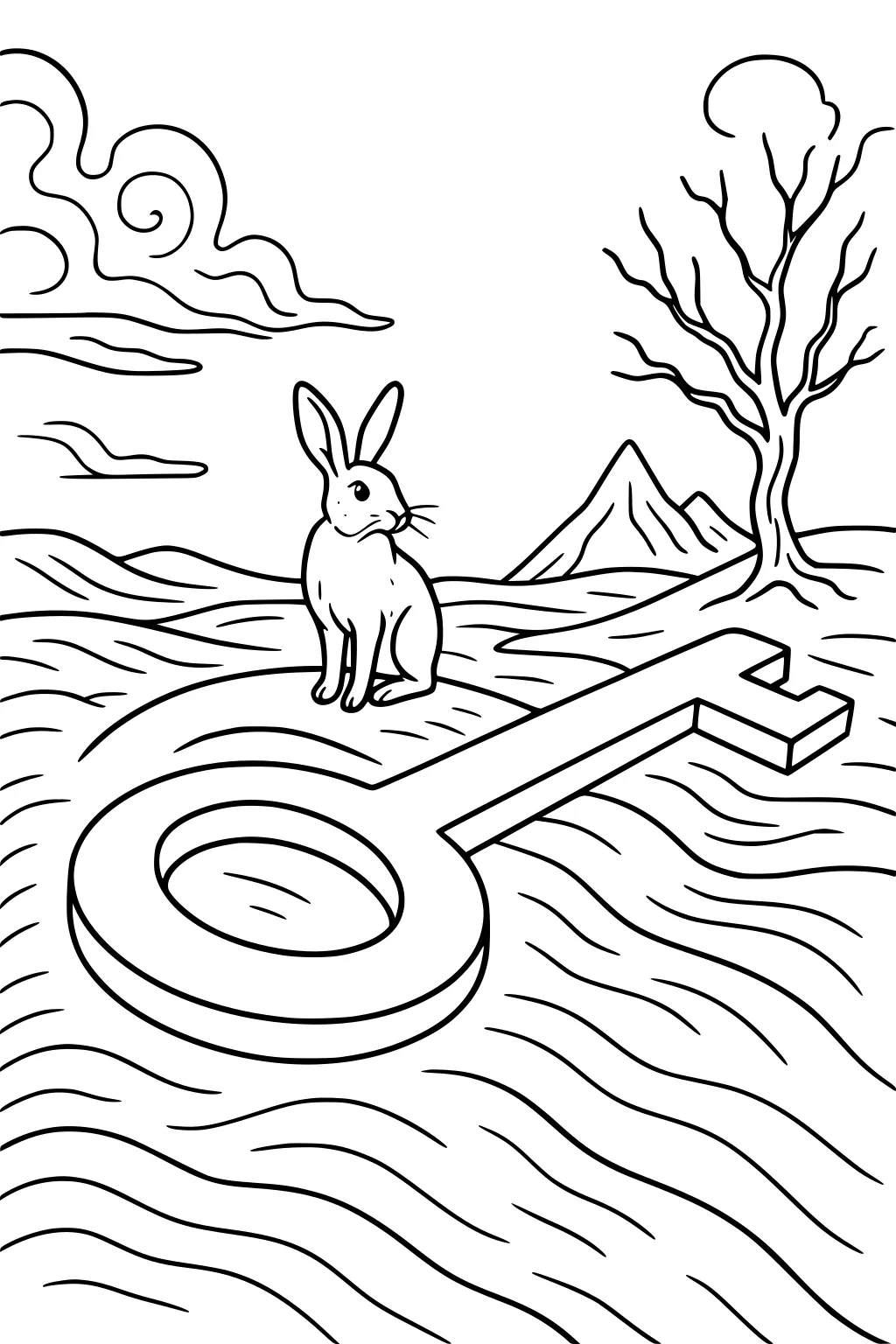 Hare sitting on a giant key in a field, with clouds, a bare tree, and mountains in the background.