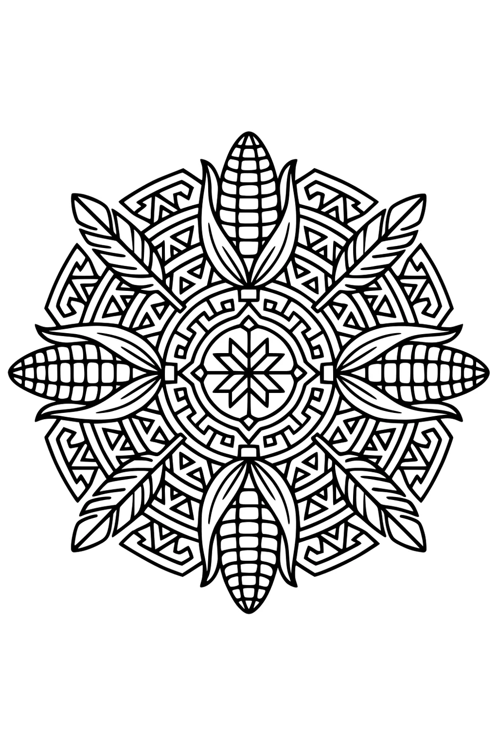 Fall mandala with four corn cobs, curled husks, long leaves, and layered geometric rings around a central eight-point star.