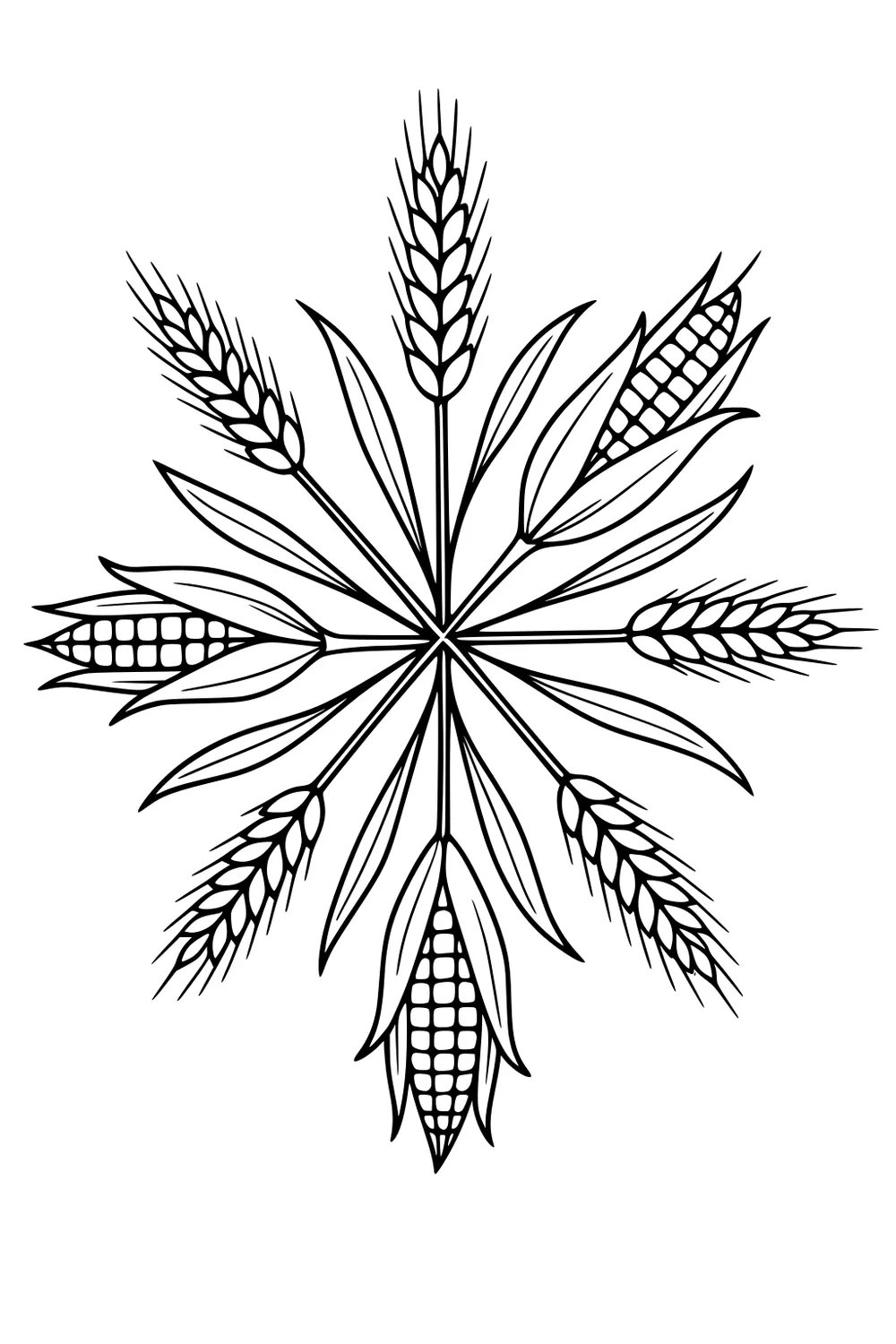 Radial harvest design of corn cobs and wheat heads forming a star, with long leaves and stalks spreading from a center in black outlines.