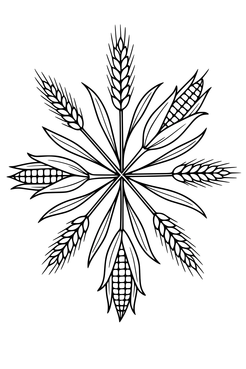 Radial harvest design of corn cobs and wheat heads forming a star, with long leaves and stalks spreading from a center in black outlines.
