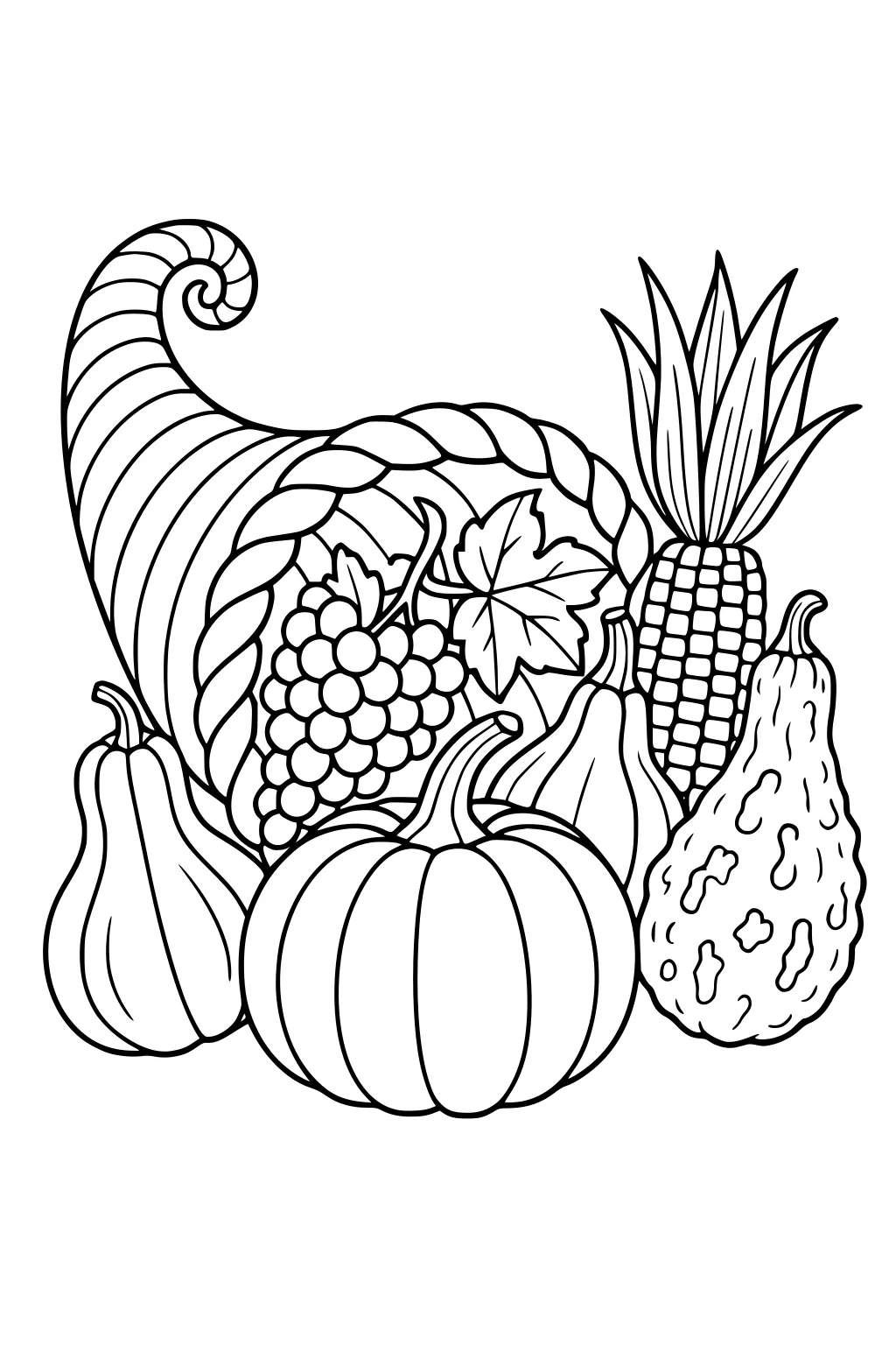 Thanksgiving cornucopia with braided rim, pumpkin, grapes, gourds, and corn cob with leafy husk, outlined in bold lines.