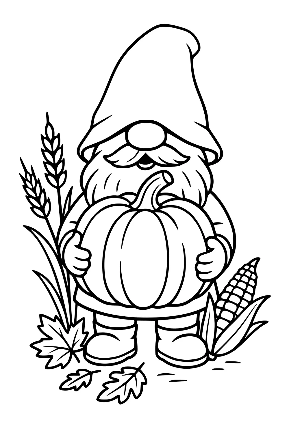 Bearded gnome holding a big pumpkin with wheat stalks, a corn cob, and fallen leaves, wearing a tall hat and boots.