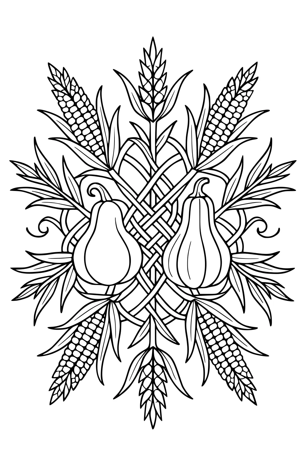 Symmetrical fall harvest wreath with two gourds, woven ribbons, wheat stalks, corn cobs, and long pointed leaves in black line art.
