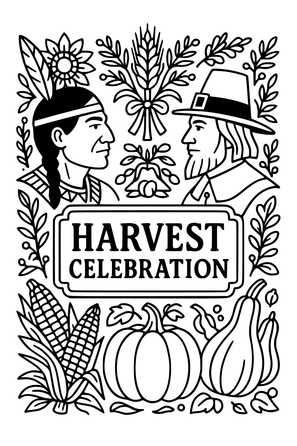 Native American man and Pilgrim man above Harvest Celebration sign, with wheat, corn, pumpkin, gourds, and leaves.